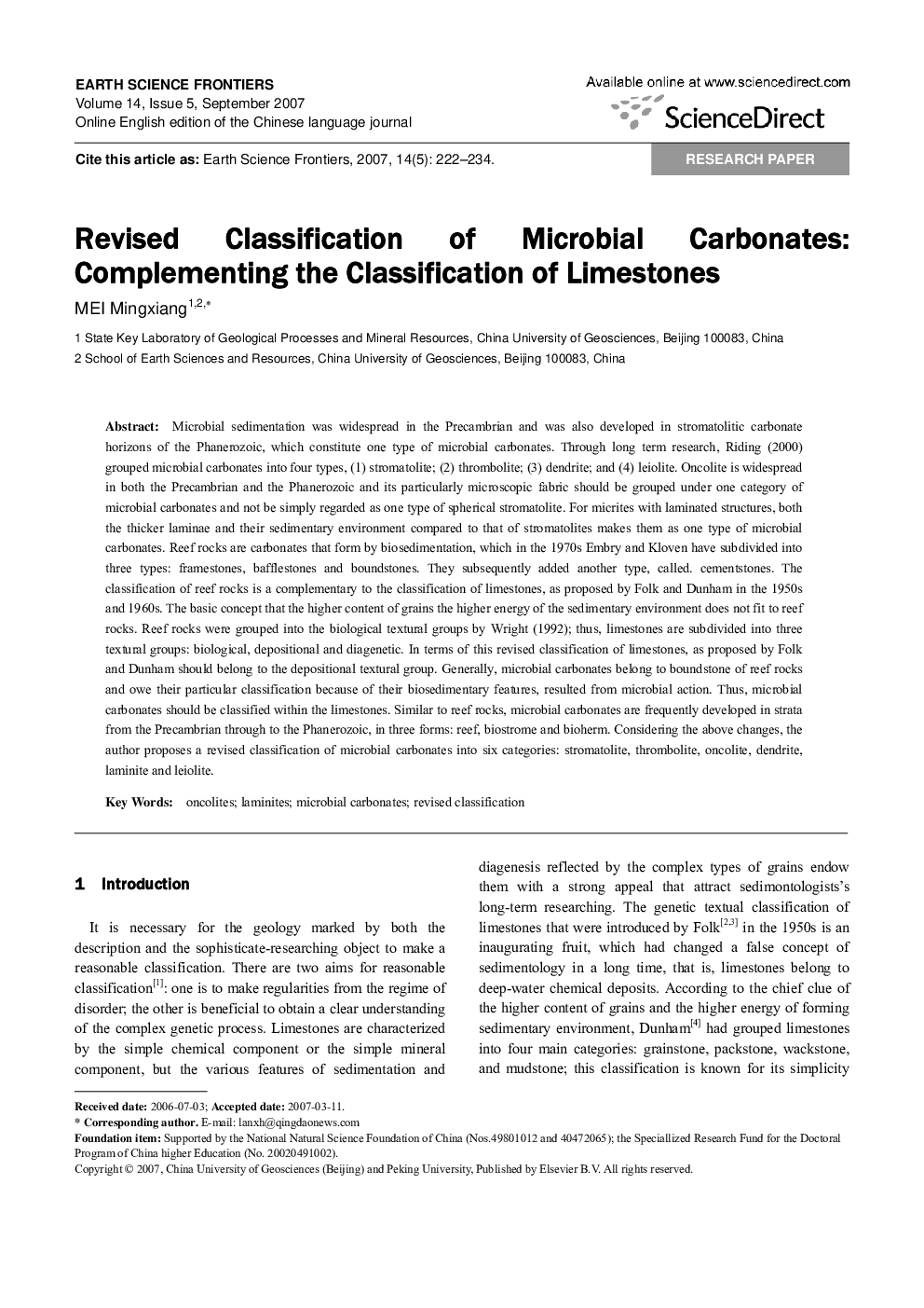 Revised Classification of Microbial Carbonates: Complementing the Classification of Limestones 