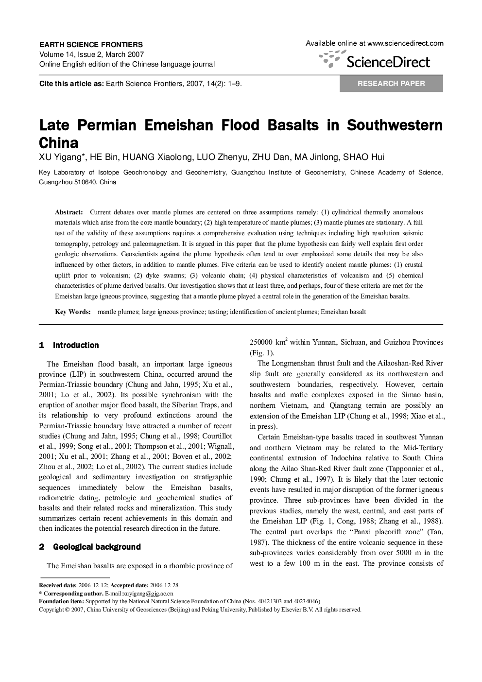 Late Permian Emeishan Flood Basalts in Southwestern China 