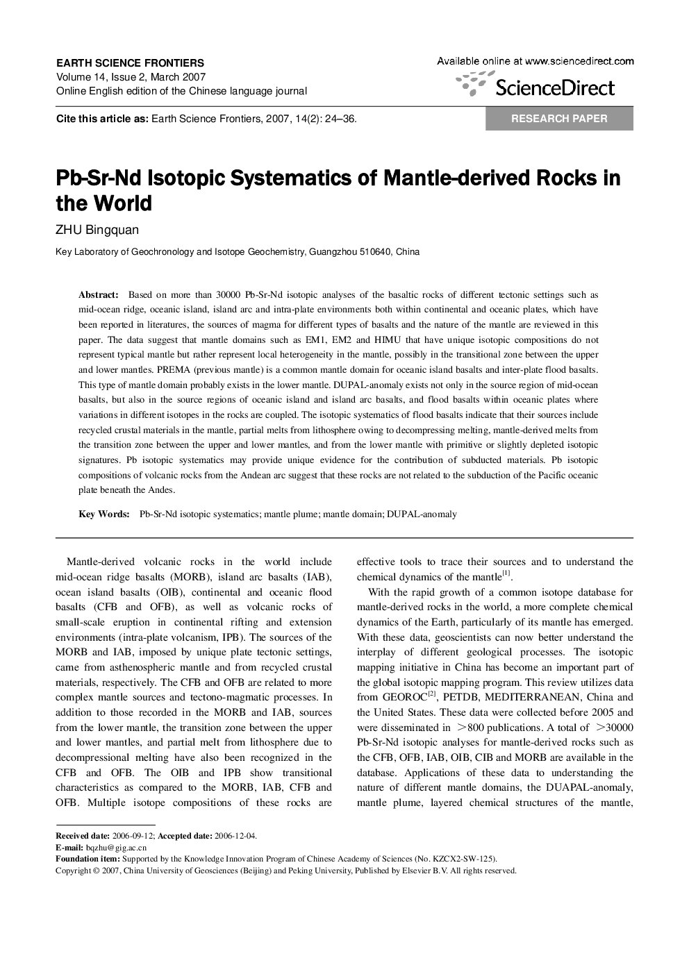 Pb-Sr-Nd Isotopic Systematics of Mantle-derived Rocks in the World 