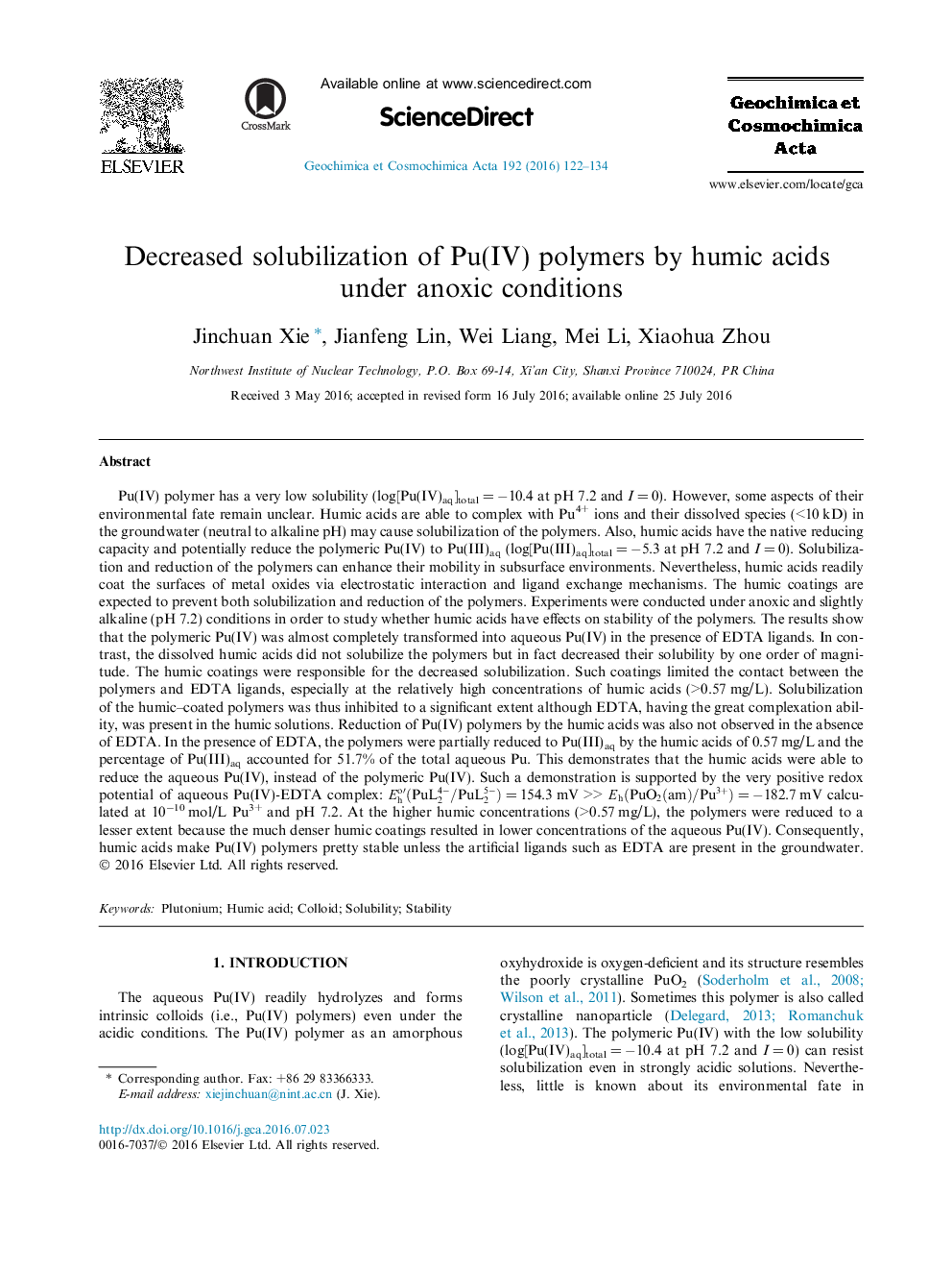 Decreased solubilization of Pu(IV) polymers by humic acids under anoxic conditions