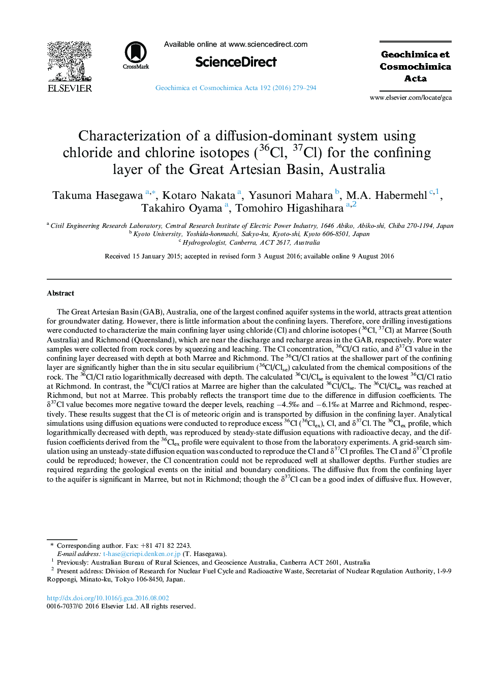 Characterization of a diffusion-dominant system using chloride and chlorine isotopes (36Cl, 37Cl) for the confining layer of the Great Artesian Basin, Australia