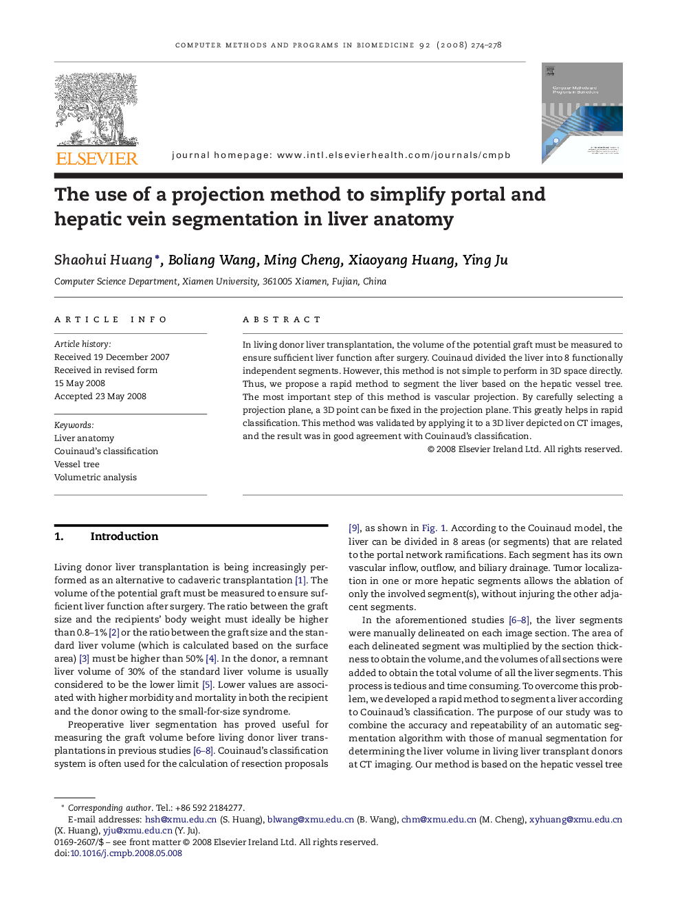 The use of a projection method to simplify portal and hepatic vein segmentation in liver anatomy