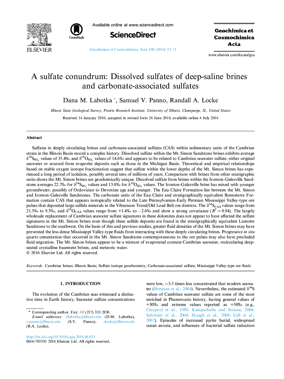 A sulfate conundrum: Dissolved sulfates of deep-saline brines and carbonate-associated sulfates