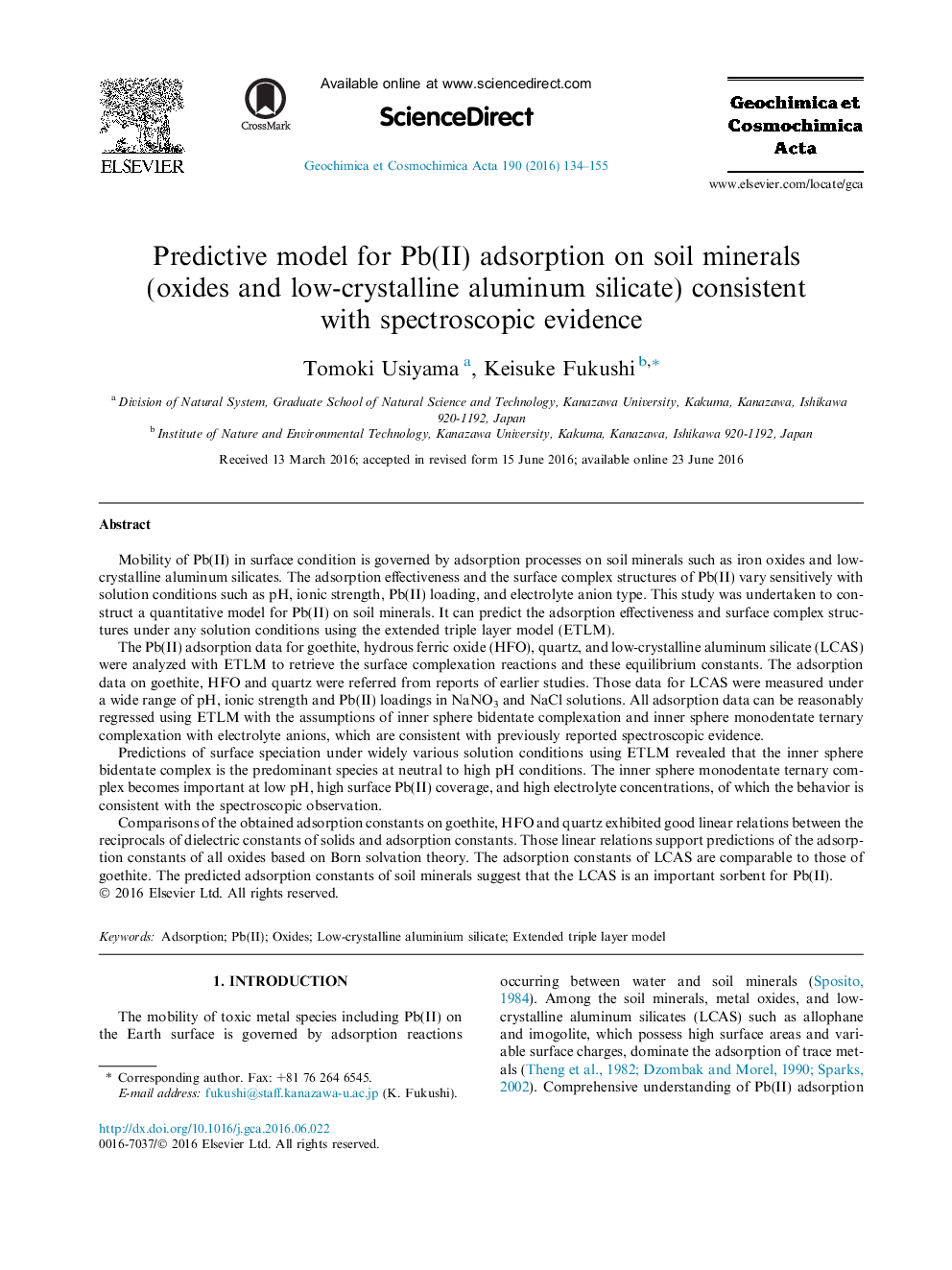 Predictive model for Pb(II) adsorption on soil minerals (oxides and low-crystalline aluminum silicate) consistent with spectroscopic evidence