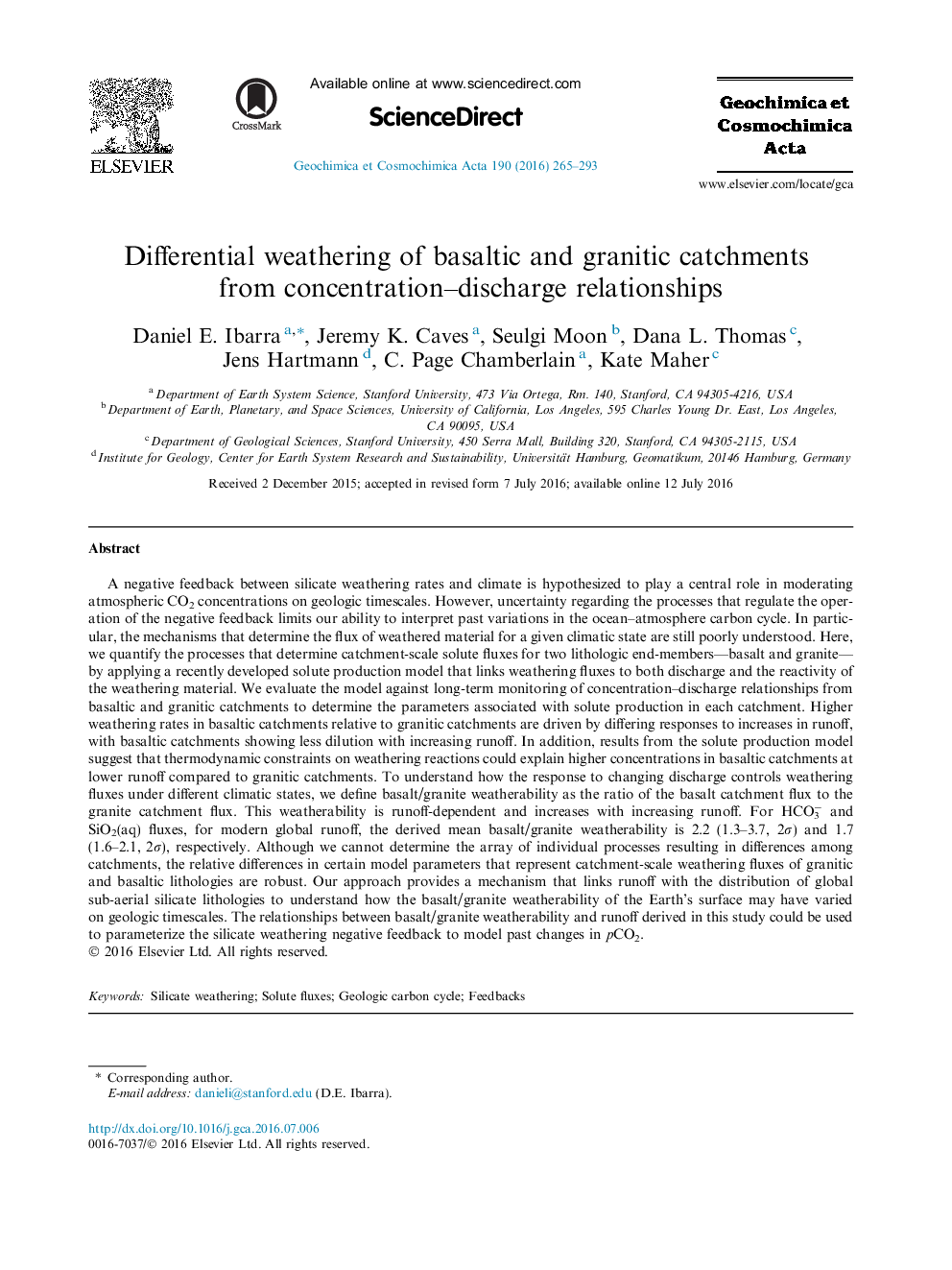 Differential weathering of basaltic and granitic catchments from concentration–discharge relationships