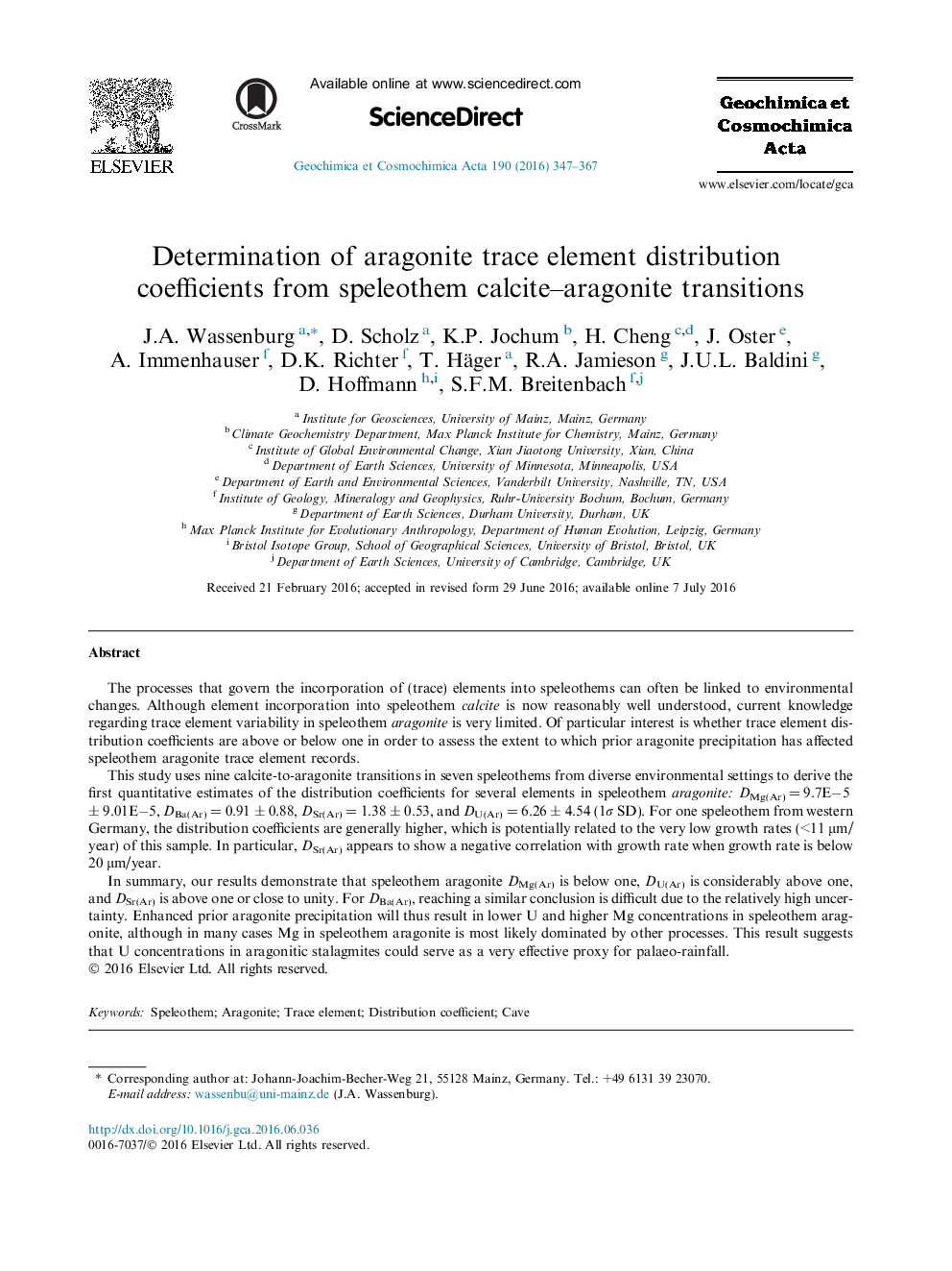 Determination of aragonite trace element distribution coefficients from speleothem calcite–aragonite transitions