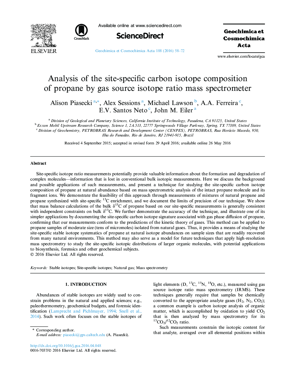 Analysis of the site-specific carbon isotope composition of propane by gas source isotope ratio mass spectrometer