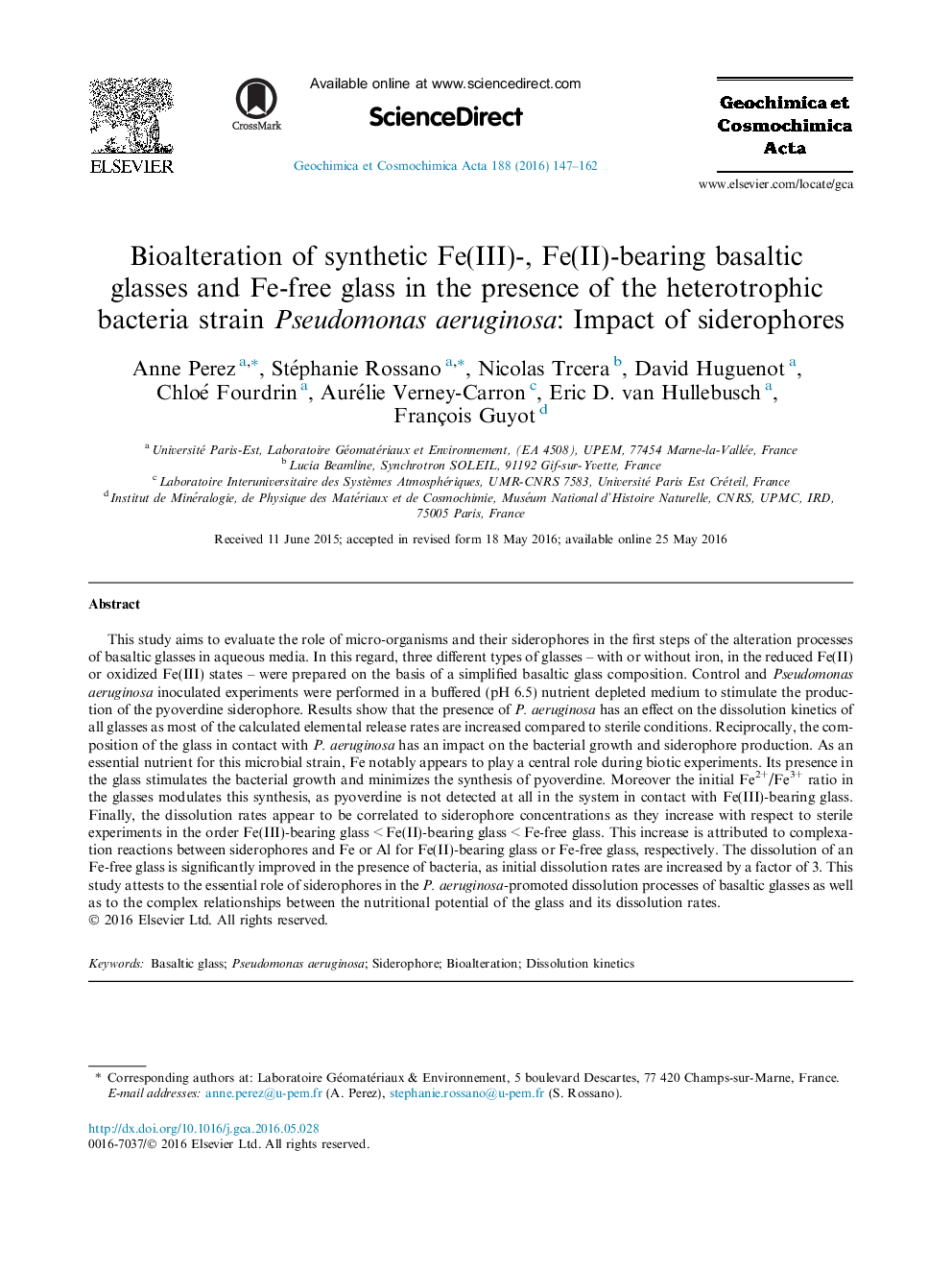 Bioalteration of synthetic Fe(III)-, Fe(II)-bearing basaltic glasses and Fe-free glass in the presence of the heterotrophic bacteria strain Pseudomonas aeruginosa: Impact of siderophores