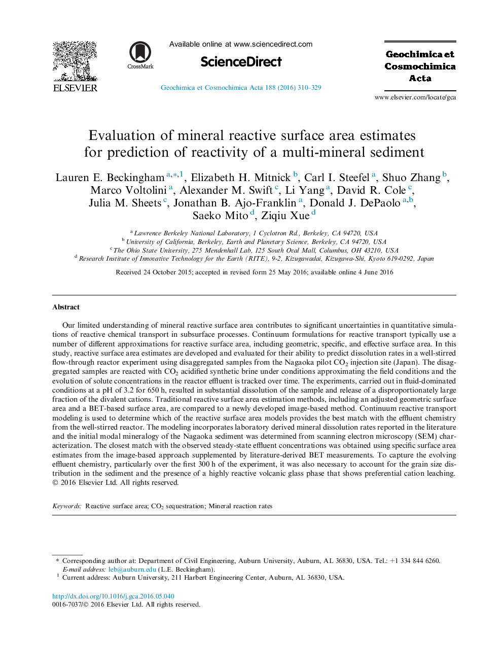 Evaluation of mineral reactive surface area estimates for prediction of reactivity of a multi-mineral sediment