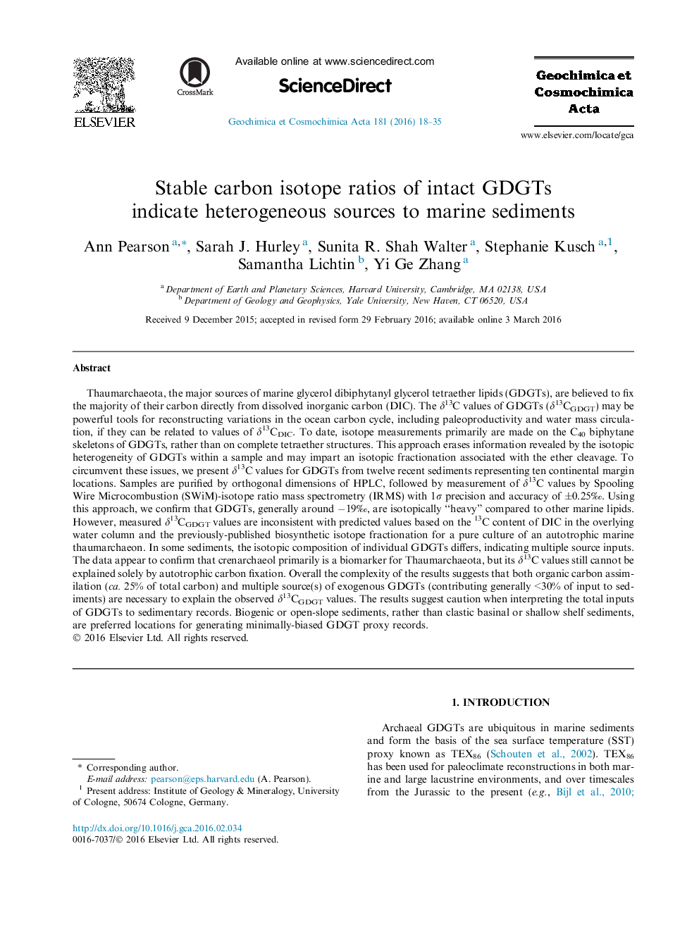 Stable carbon isotope ratios of intact GDGTs indicate heterogeneous sources to marine sediments