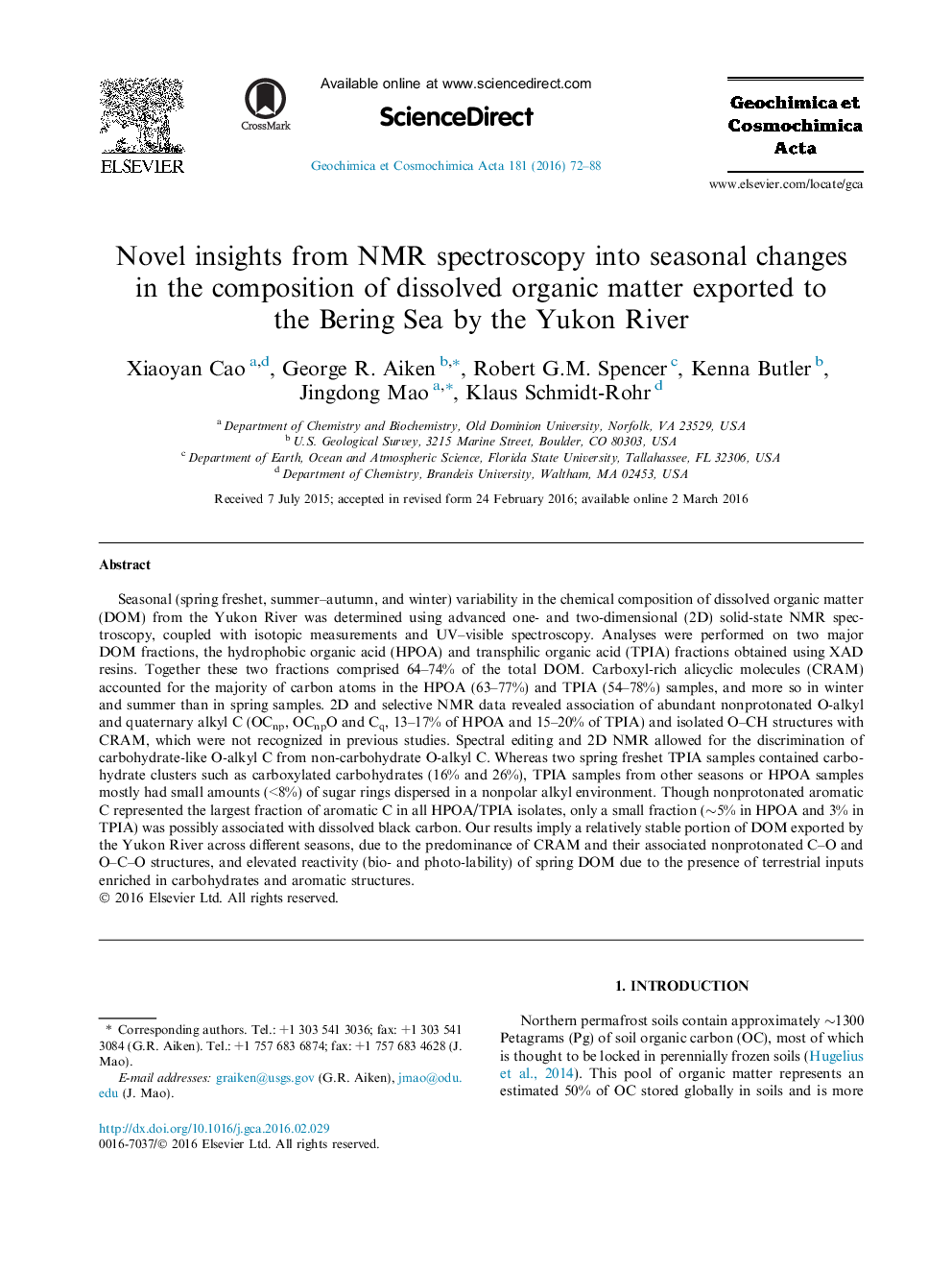 Novel insights from NMR spectroscopy into seasonal changes in the composition of dissolved organic matter exported to the Bering Sea by the Yukon River