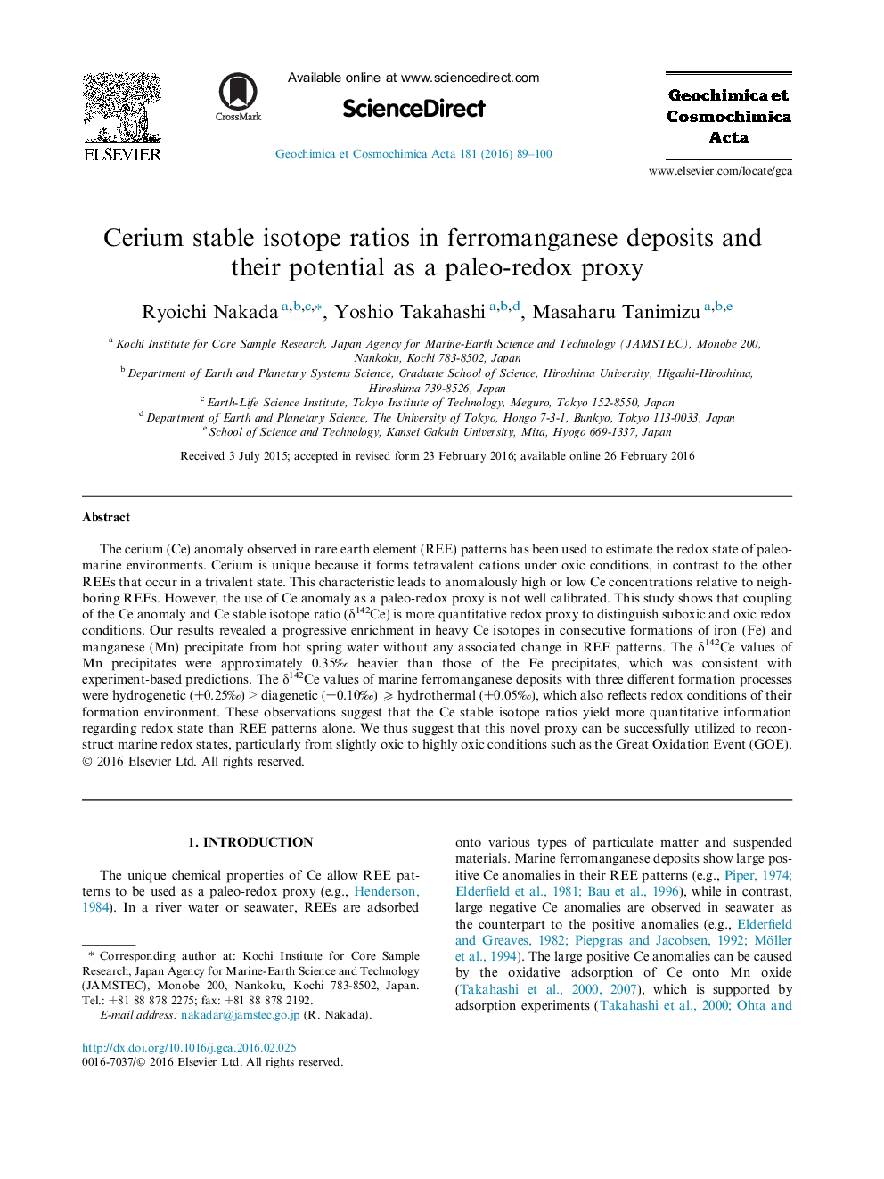 Cerium stable isotope ratios in ferromanganese deposits and their potential as a paleo-redox proxy