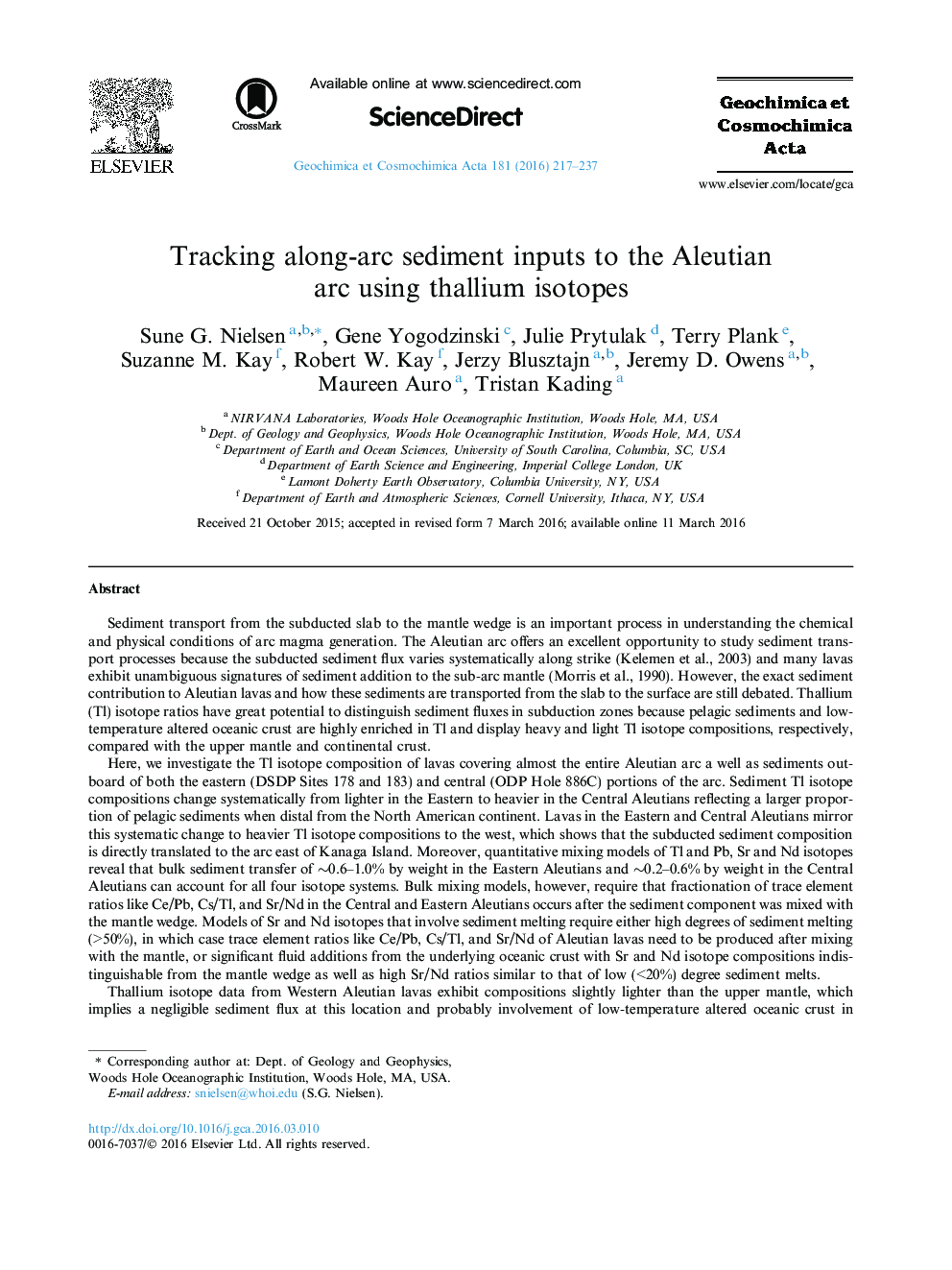 Tracking along-arc sediment inputs to the Aleutian arc using thallium isotopes
