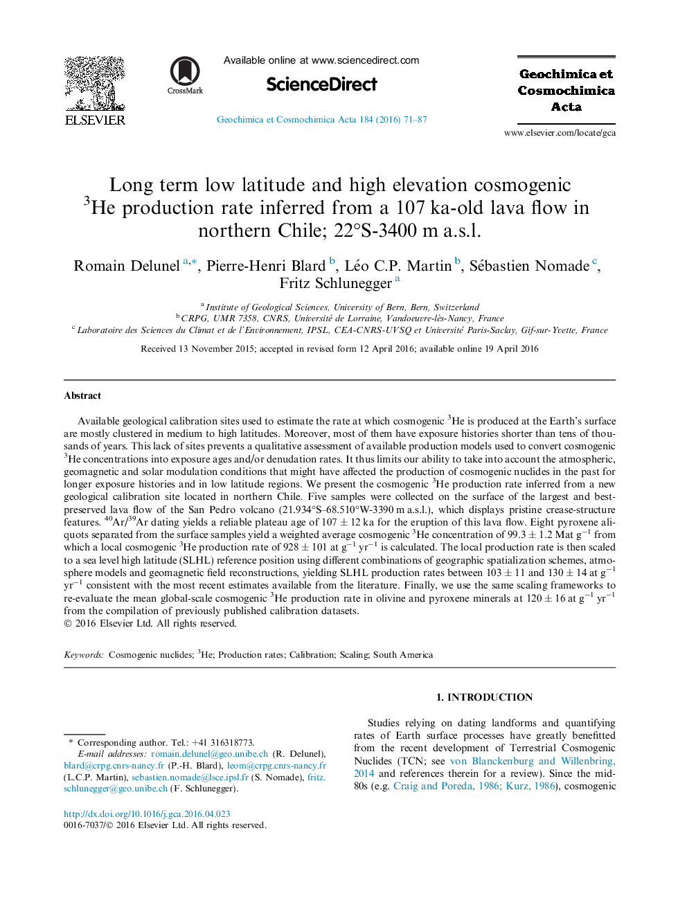 Long term low latitude and high elevation cosmogenic 3He production rate inferred from a 107 ka-old lava flow in northern Chile; 22°S-3400 m a.s.l.