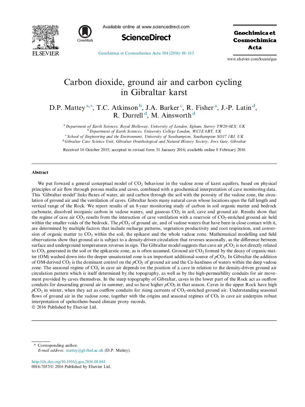 Carbon dioxide, ground air and carbon cycling in Gibraltar karst