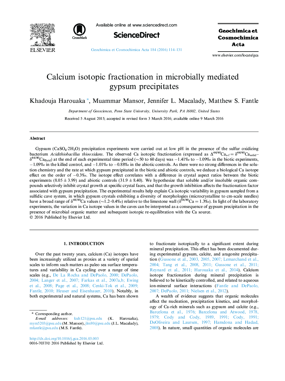 Calcium isotopic fractionation in microbially mediated gypsum precipitates