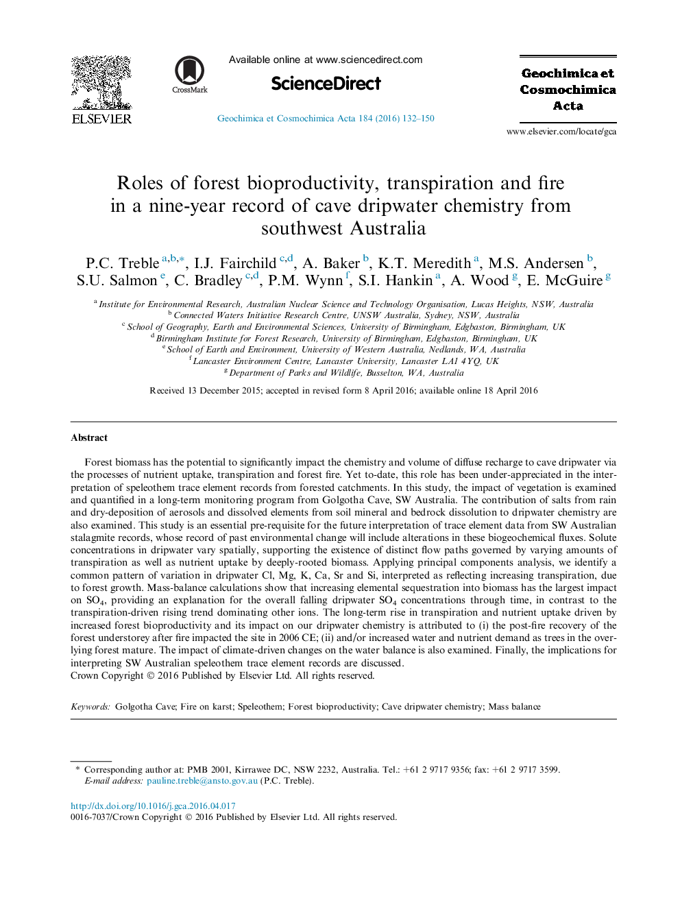 Roles of forest bioproductivity, transpiration and fire in a nine-year record of cave dripwater chemistry from southwest Australia