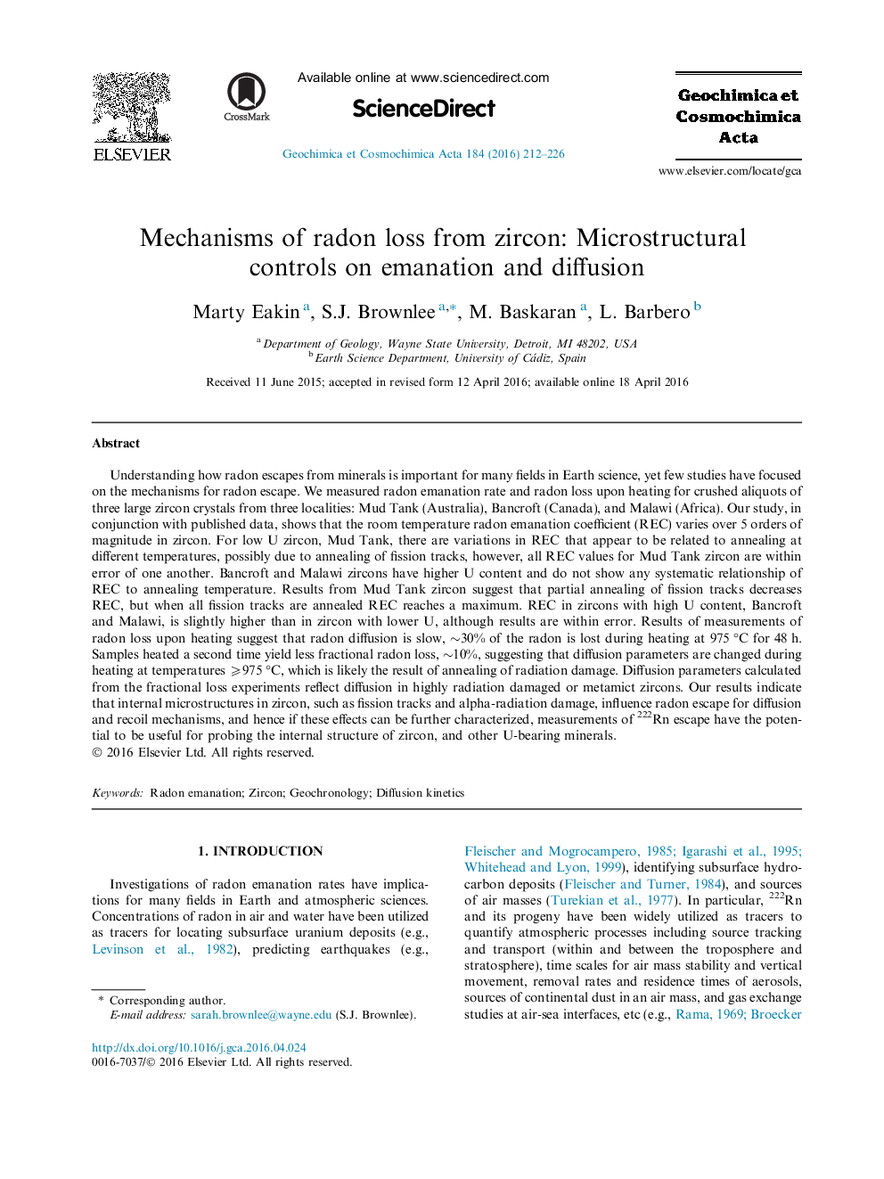 Mechanisms of radon loss from zircon: Microstructural controls on emanation and diffusion