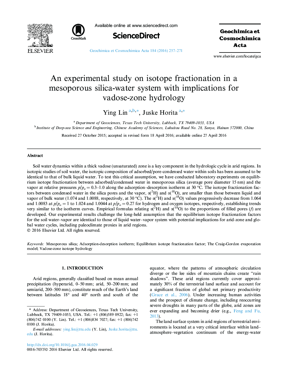 An experimental study on isotope fractionation in a mesoporous silica-water system with implications for vadose-zone hydrology