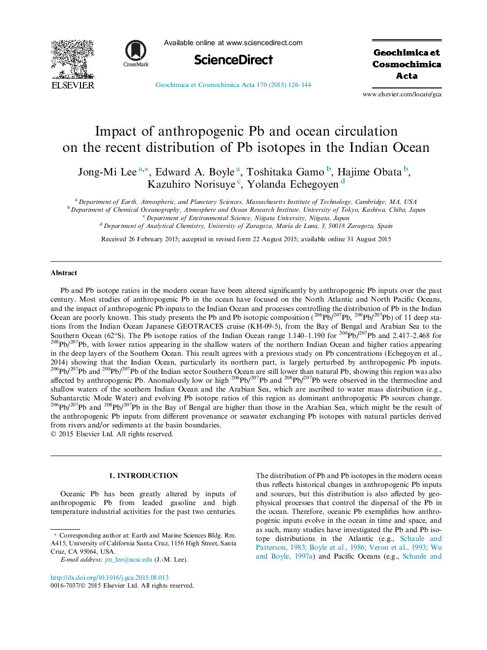 Impact of anthropogenic Pb and ocean circulation on the recent distribution of Pb isotopes in the Indian Ocean