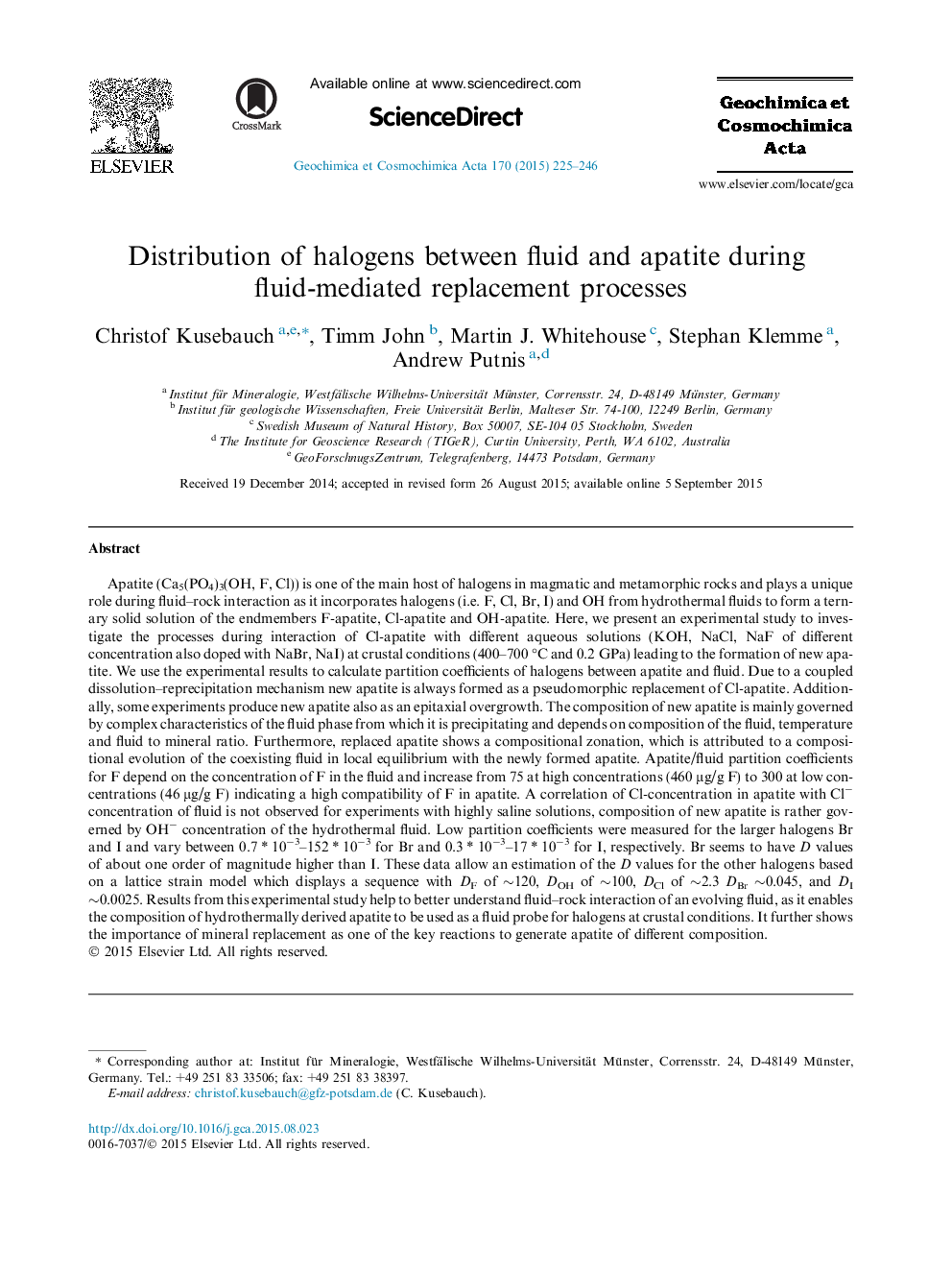 Distribution of halogens between fluid and apatite during fluid-mediated replacement processes