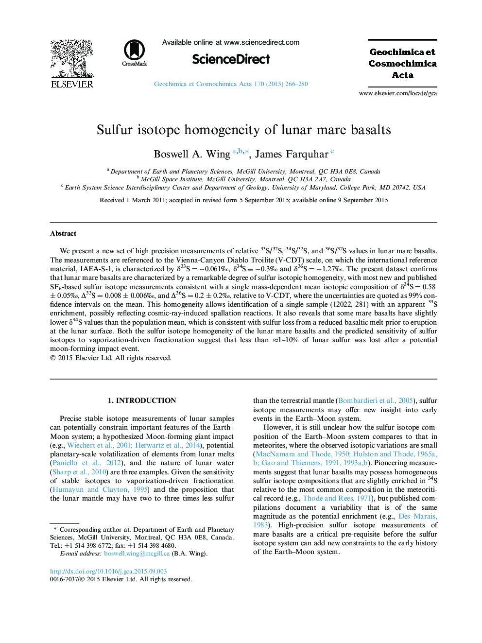 Sulfur isotope homogeneity of lunar mare basalts