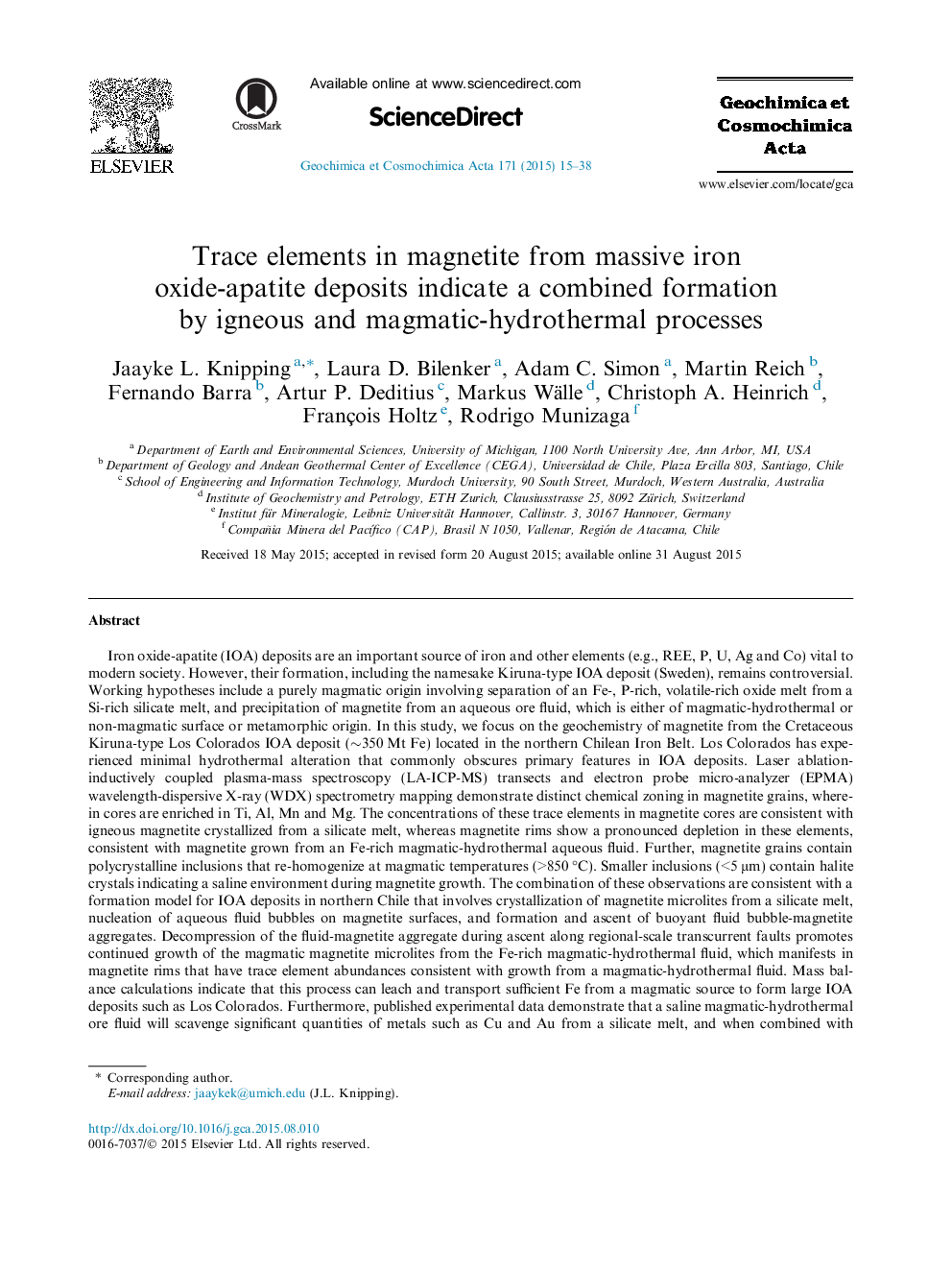 Trace elements in magnetite from massive iron oxide-apatite deposits indicate a combined formation by igneous and magmatic-hydrothermal processes