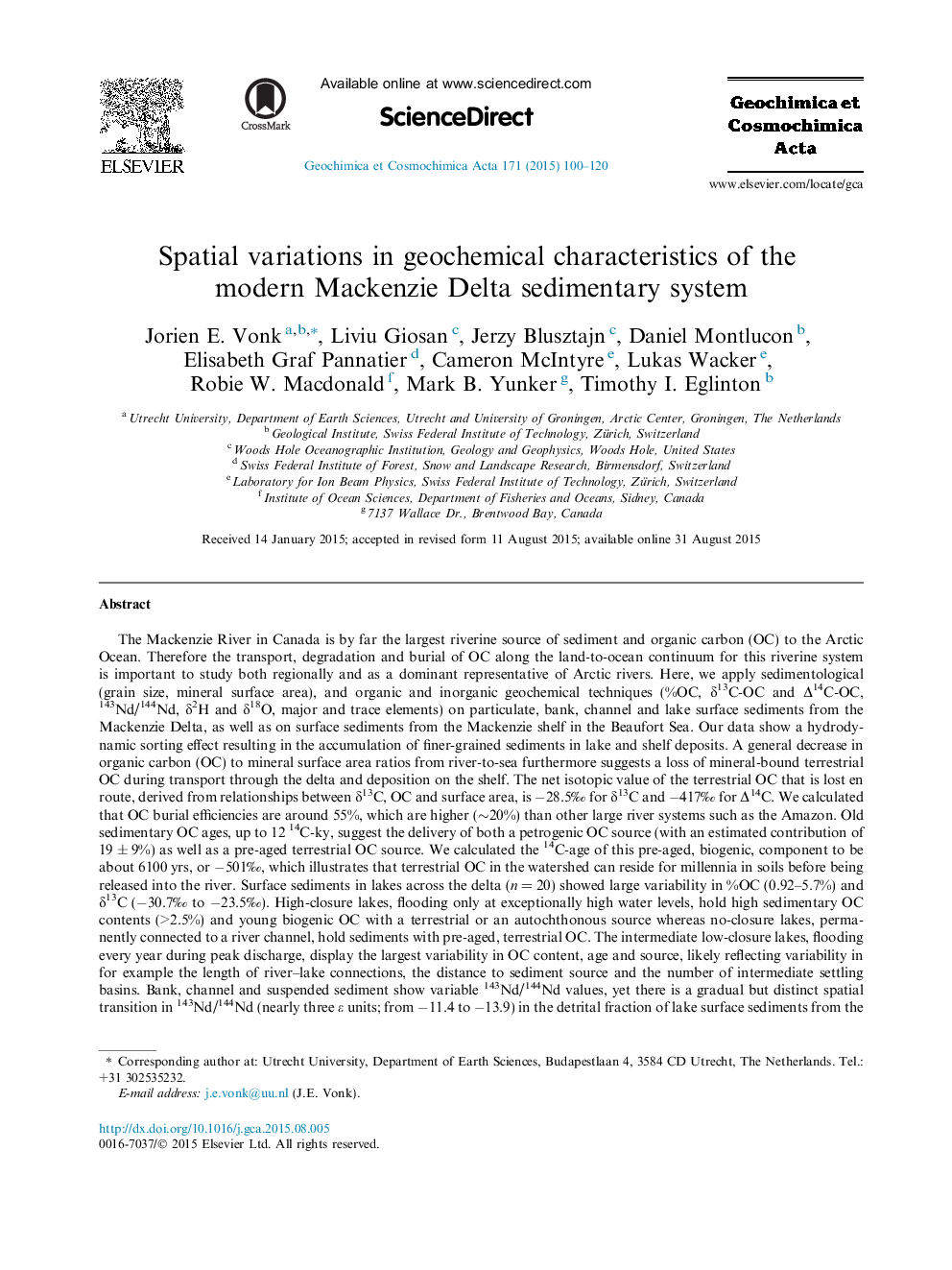 Spatial variations in geochemical characteristics of the modern Mackenzie Delta sedimentary system