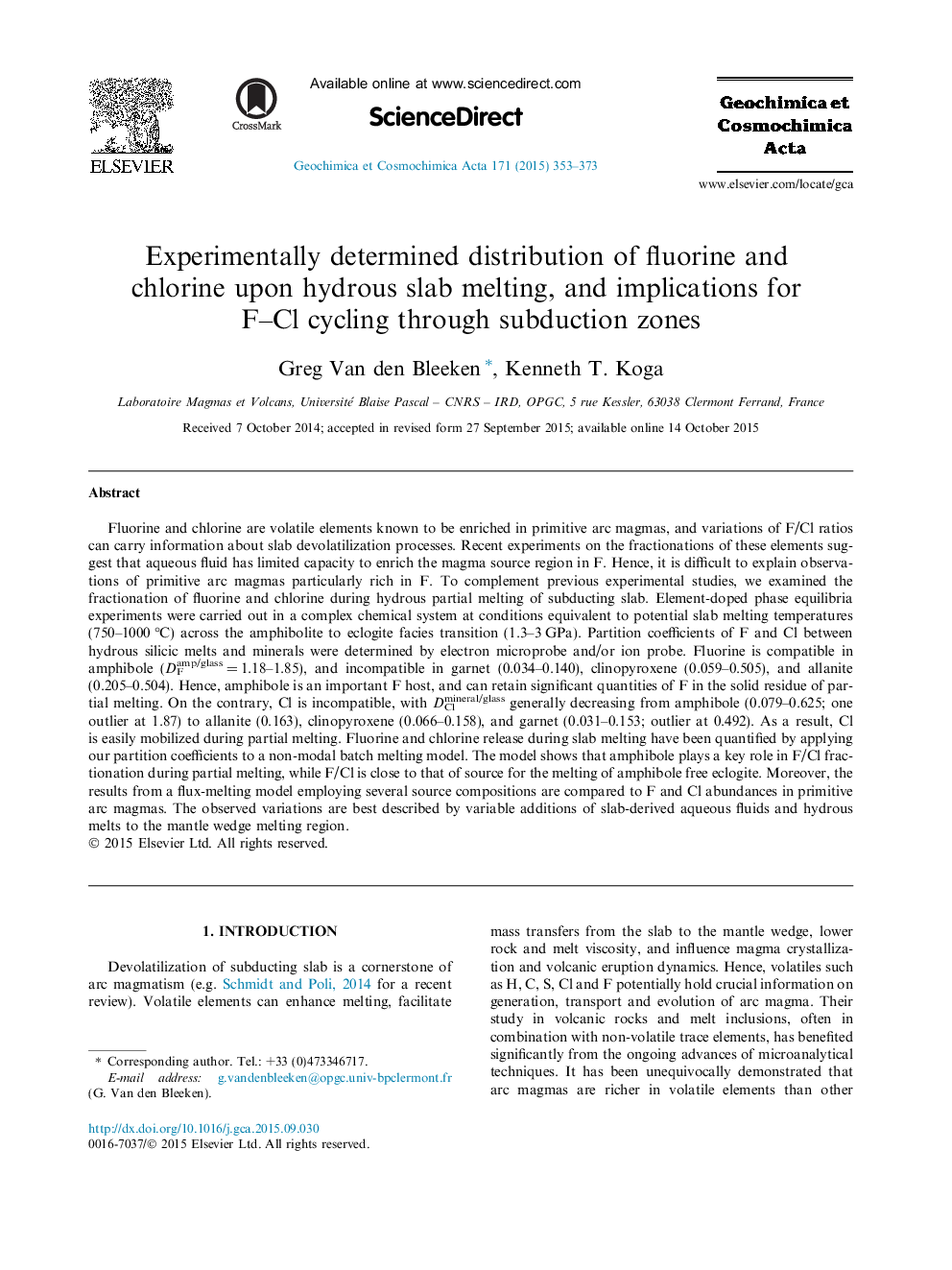 Experimentally determined distribution of fluorine and chlorine upon hydrous slab melting, and implications for F–Cl cycling through subduction zones