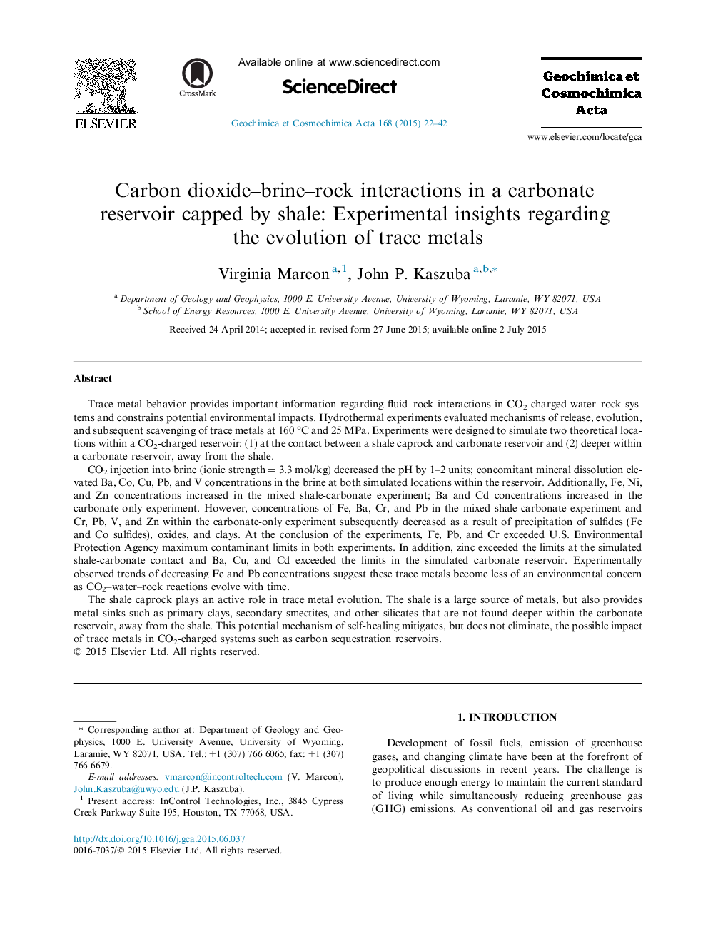 Carbon dioxide–brine–rock interactions in a carbonate reservoir capped by shale: Experimental insights regarding the evolution of trace metals