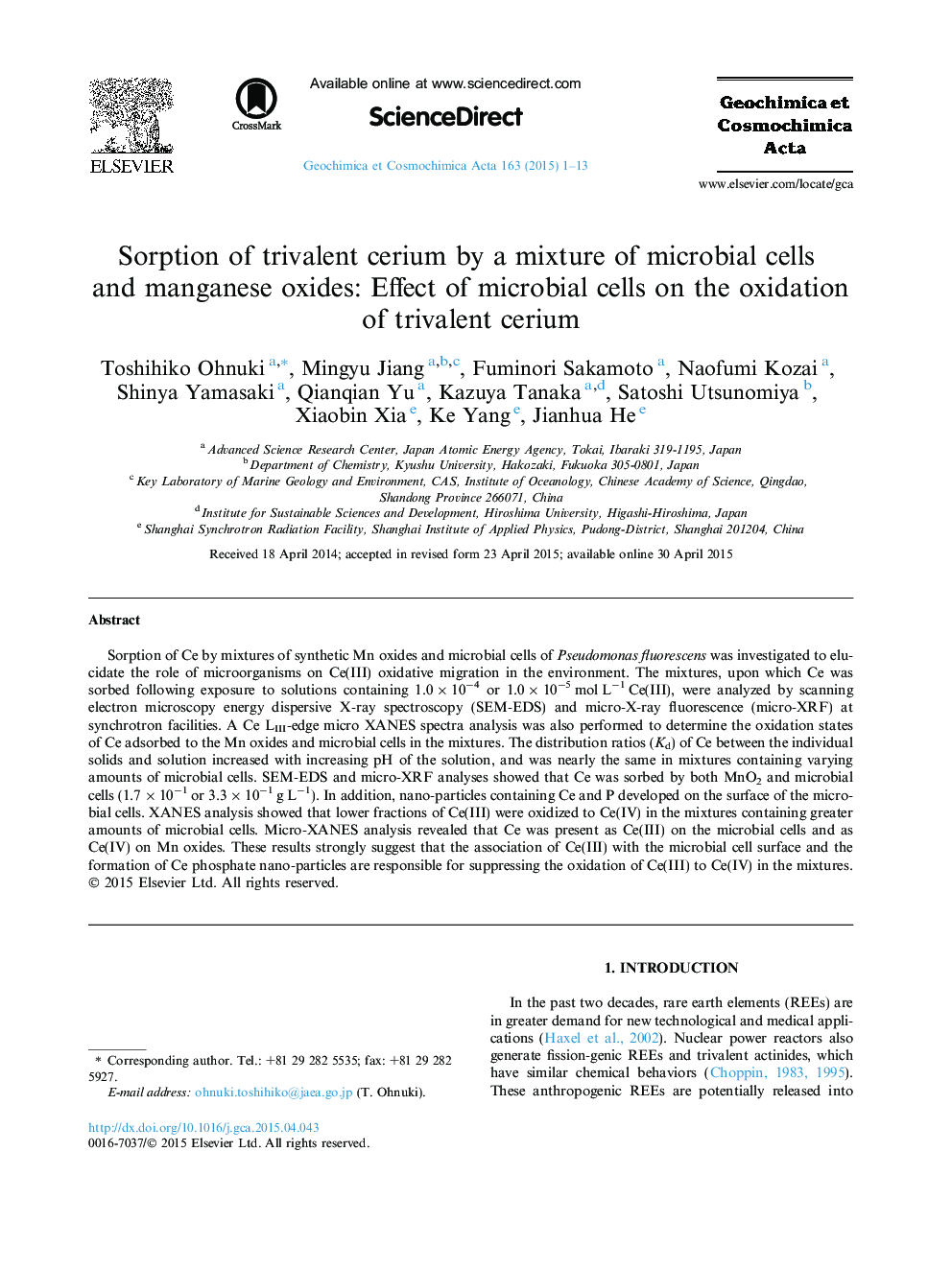 Sorption of trivalent cerium by a mixture of microbial cells and manganese oxides: Effect of microbial cells on the oxidation of trivalent cerium