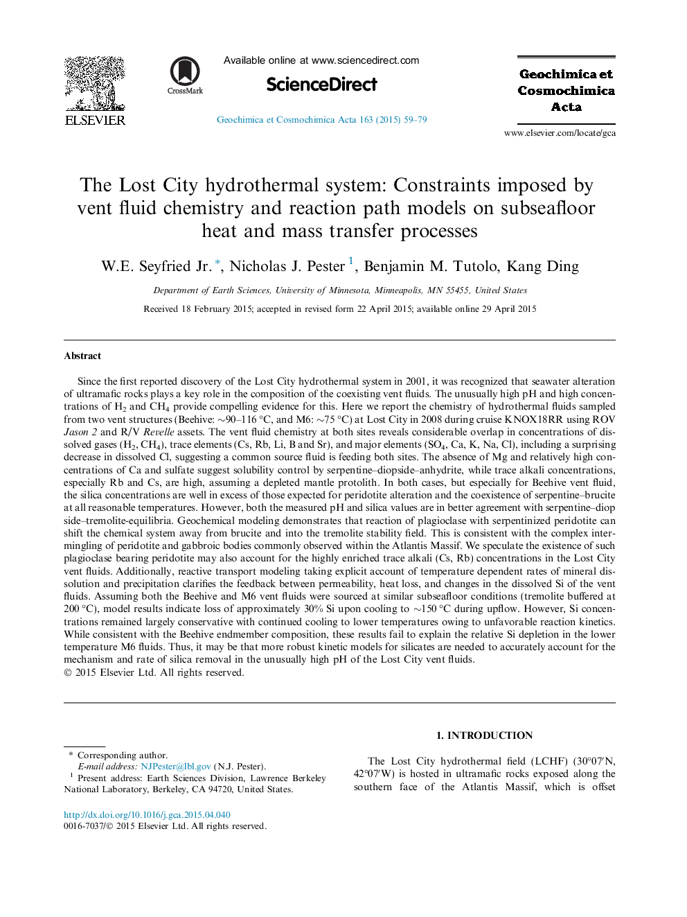 The Lost City hydrothermal system: Constraints imposed by vent fluid chemistry and reaction path models on subseafloor heat and mass transfer processes