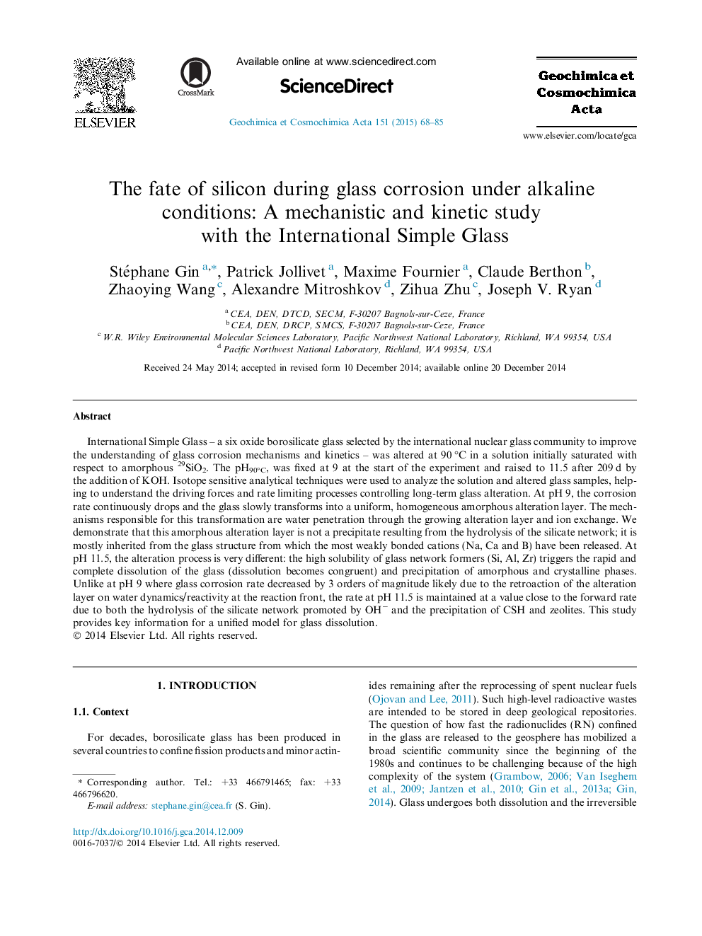 سرنوشت سیلیکون در طی خوردگی شیشه ای تحت شرایط قلیایی: یک مطالعه مکانیکی و جنبشی با شیشه بین المللی ساده 