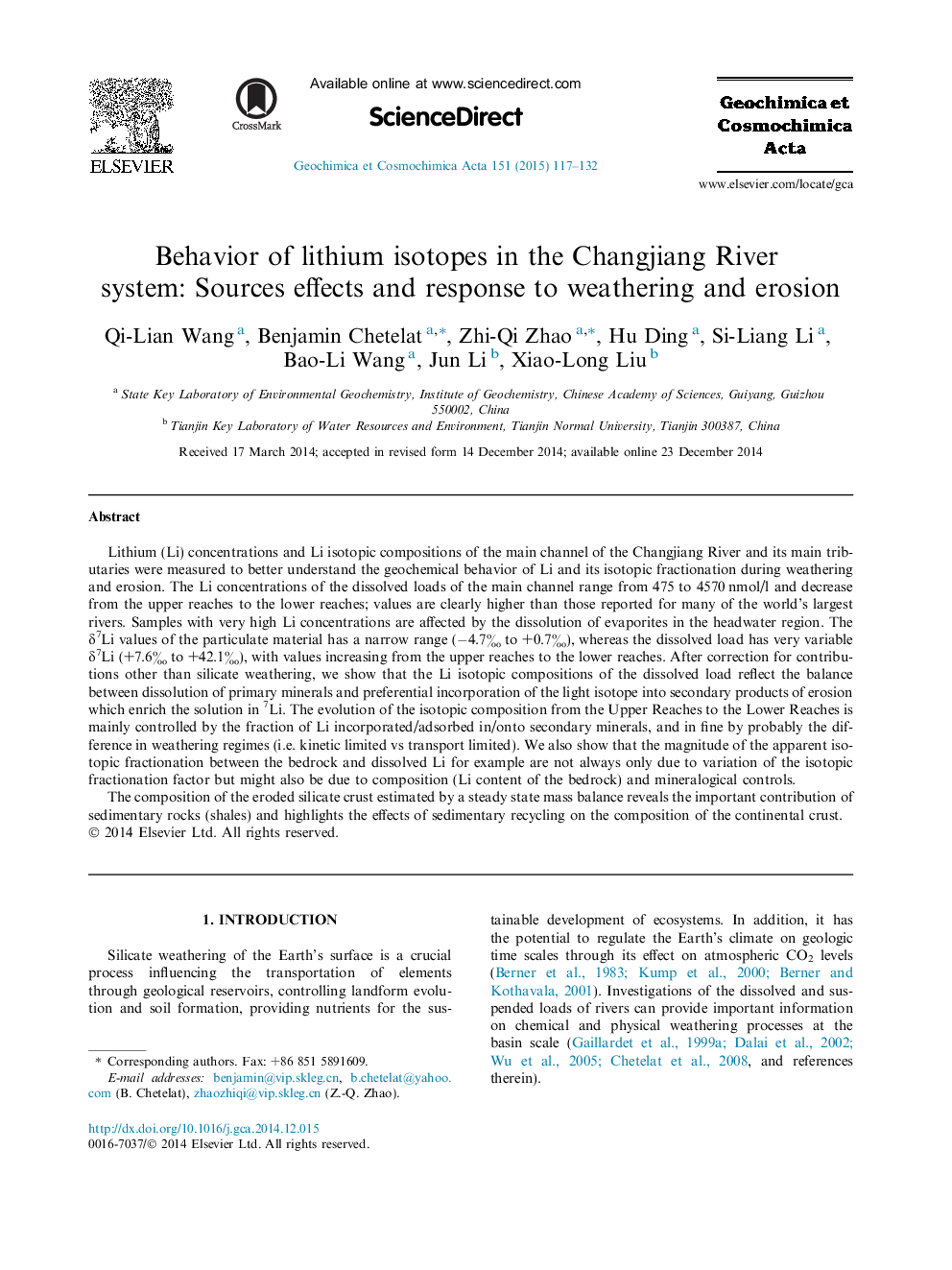 Behavior of lithium isotopes in the Changjiang River system: Sources effects and response to weathering and erosion