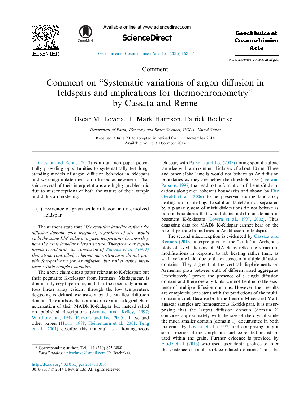 Comment on “Systematic variations of argon diffusion in feldspars and implications for thermochronometry” by Cassata and Renne