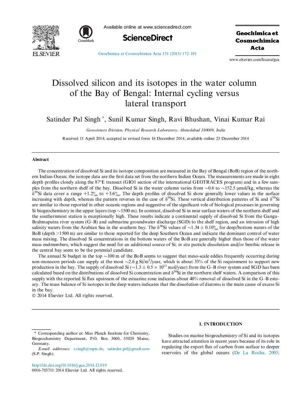 Dissolved silicon and its isotopes in the water column of the Bay of Bengal: Internal cycling versus lateral transport