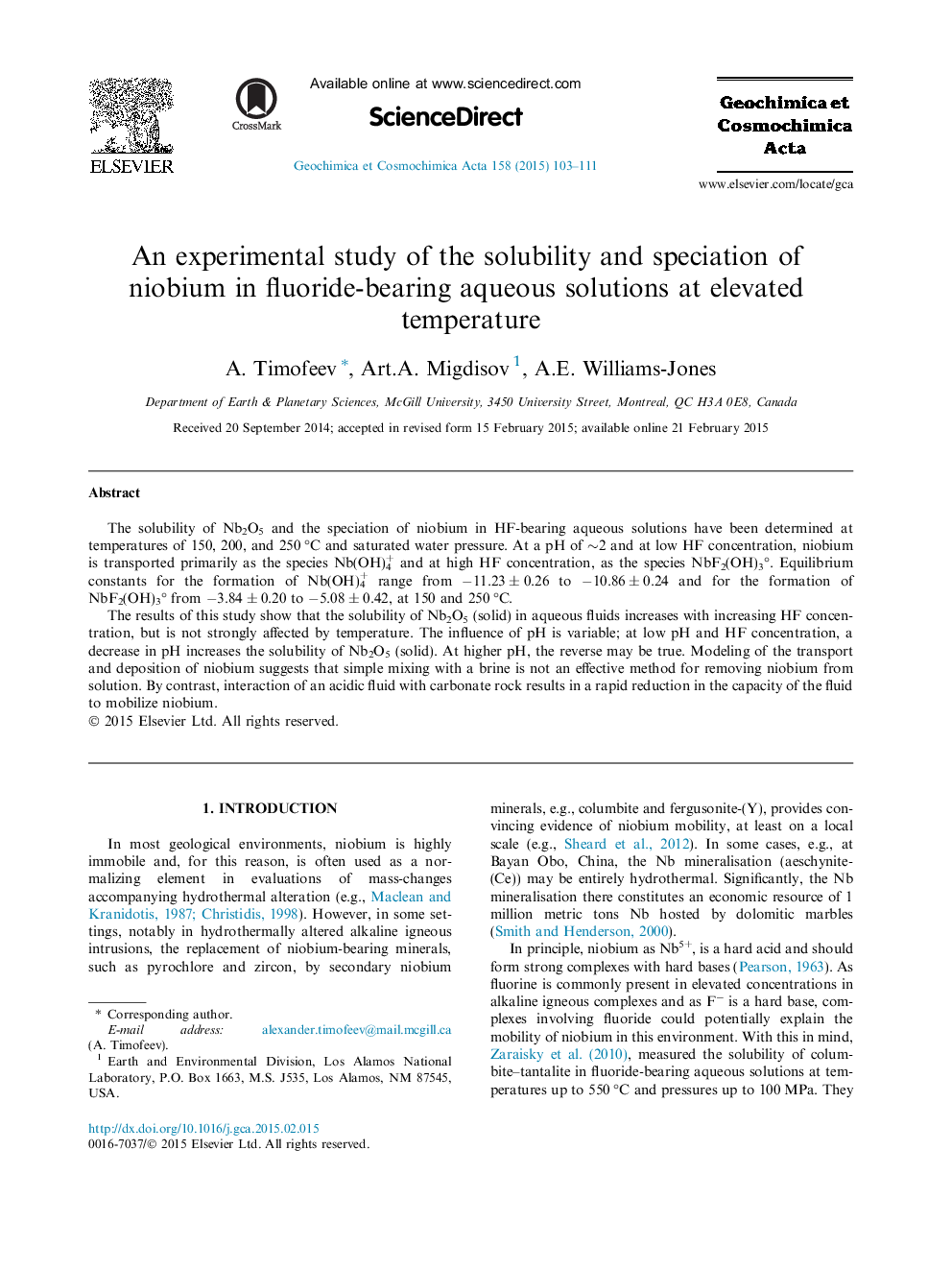 An experimental study of the solubility and speciation of niobium in fluoride-bearing aqueous solutions at elevated temperature