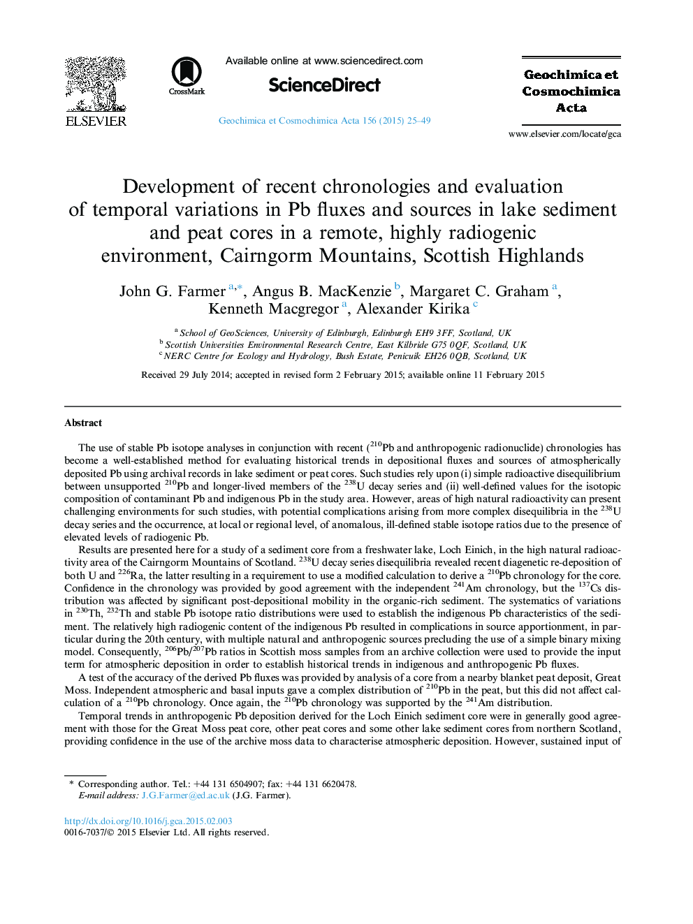 Development of recent chronologies and evaluation of temporal variations in Pb fluxes and sources in lake sediment and peat cores in a remote, highly radiogenic environment, Cairngorm Mountains, Scottish Highlands