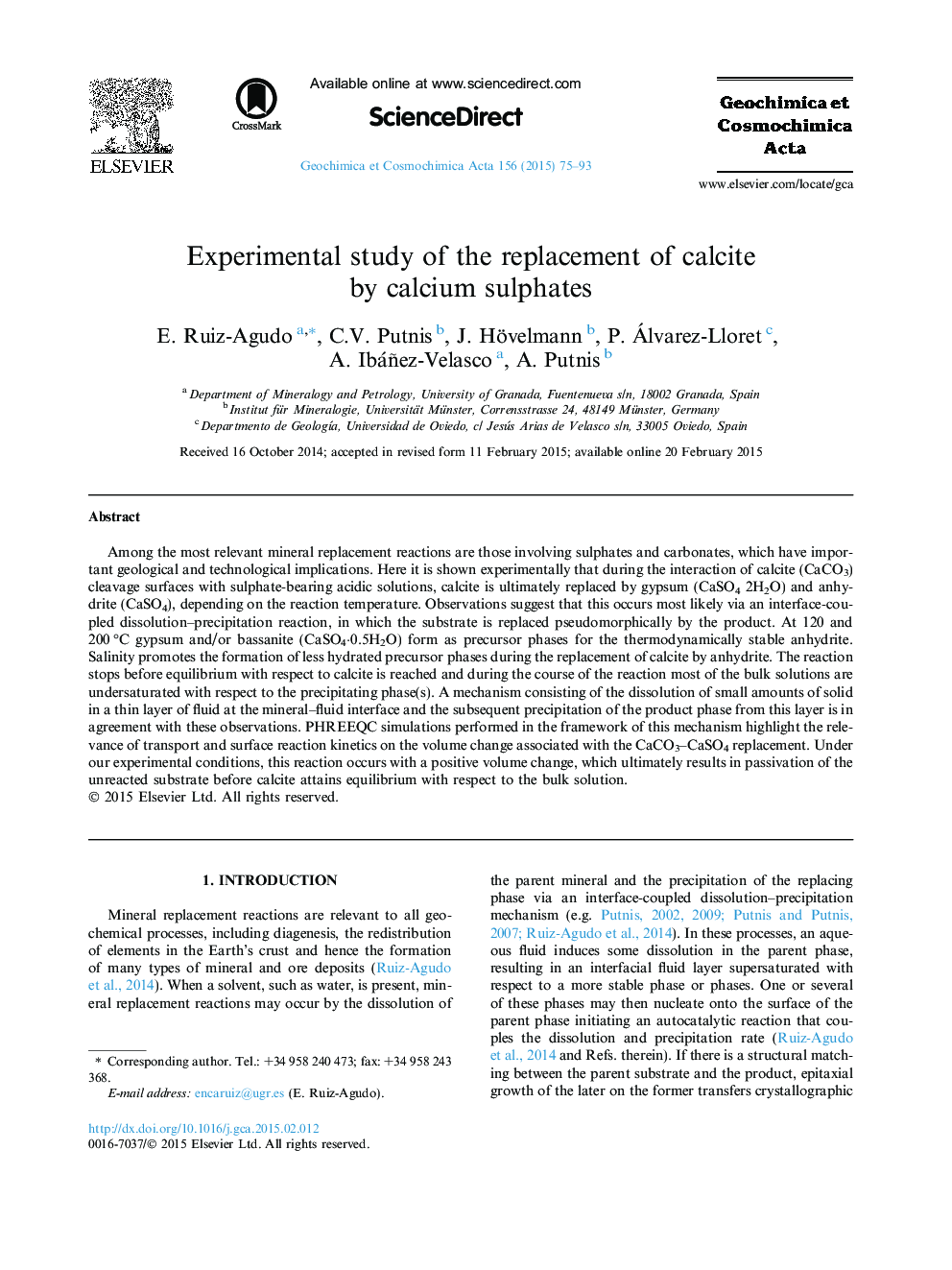 Experimental study of the replacement of calcite by calcium sulphates