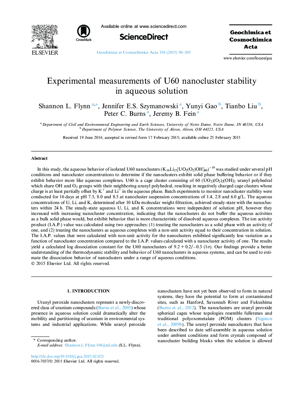 Experimental measurements of U60 nanocluster stability in aqueous solution
