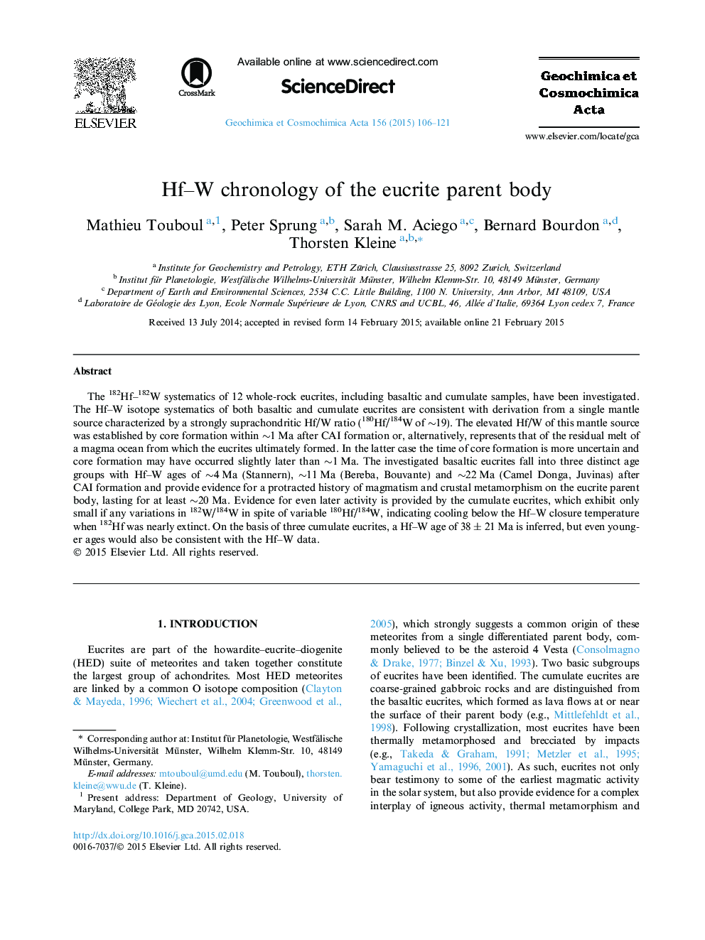 Hf–W chronology of the eucrite parent body