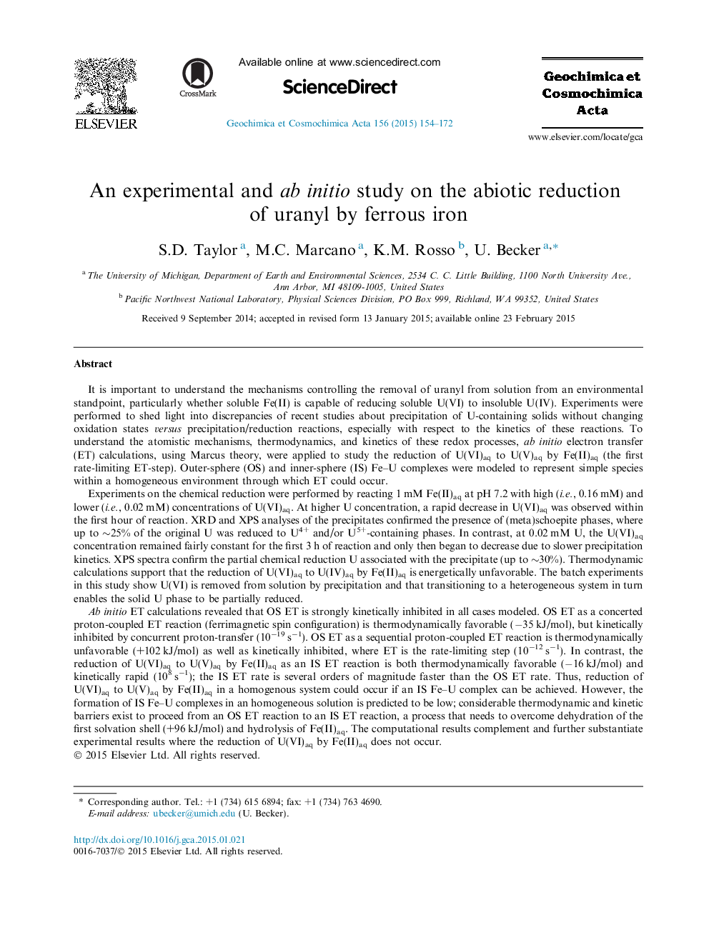 An experimental and ab initio study on the abiotic reduction of uranyl by ferrous iron