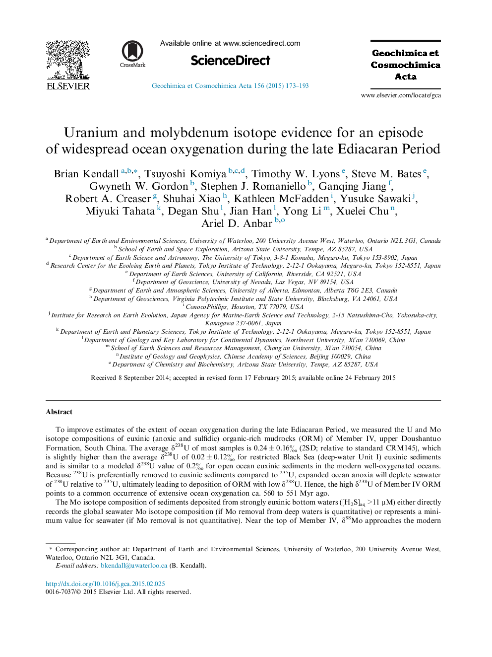 Uranium and molybdenum isotope evidence for an episode of widespread ocean oxygenation during the late Ediacaran Period