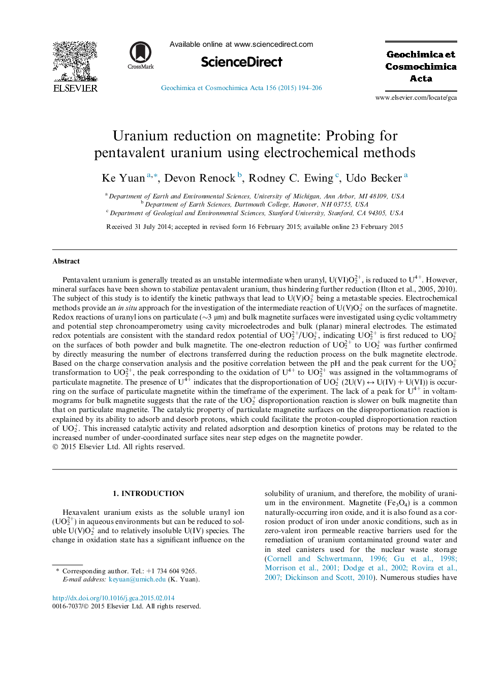 Uranium reduction on magnetite: Probing for pentavalent uranium using electrochemical methods