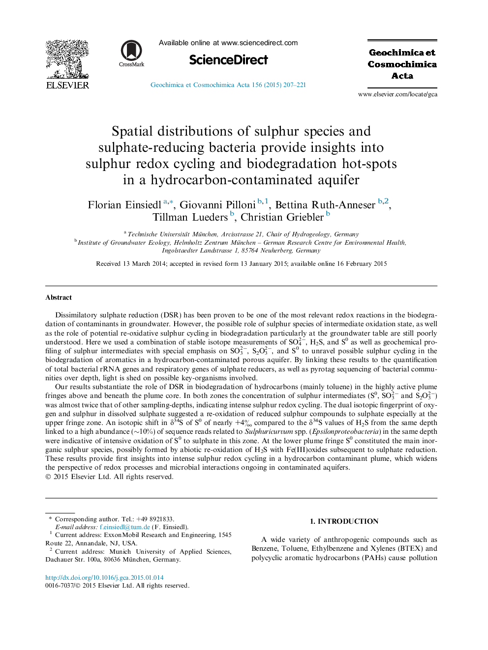 Spatial distributions of sulphur species and sulphate-reducing bacteria provide insights into sulphur redox cycling and biodegradation hot-spots in a hydrocarbon-contaminated aquifer