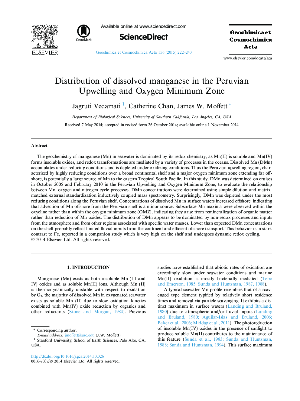 Distribution of dissolved manganese in the Peruvian Upwelling and Oxygen Minimum Zone