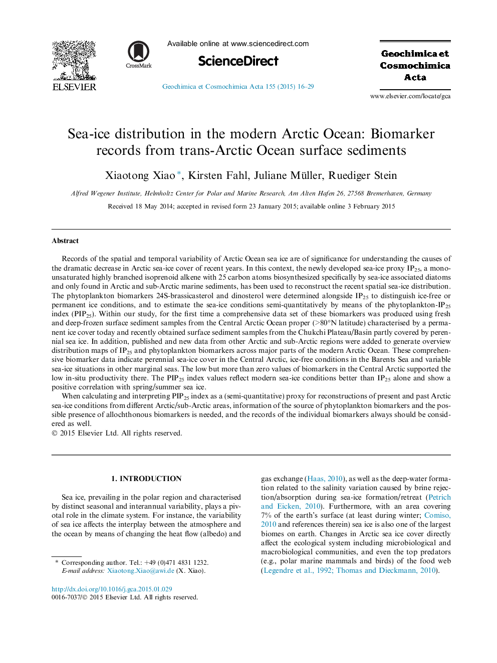 Sea-ice distribution in the modern Arctic Ocean: Biomarker records from trans-Arctic Ocean surface sediments