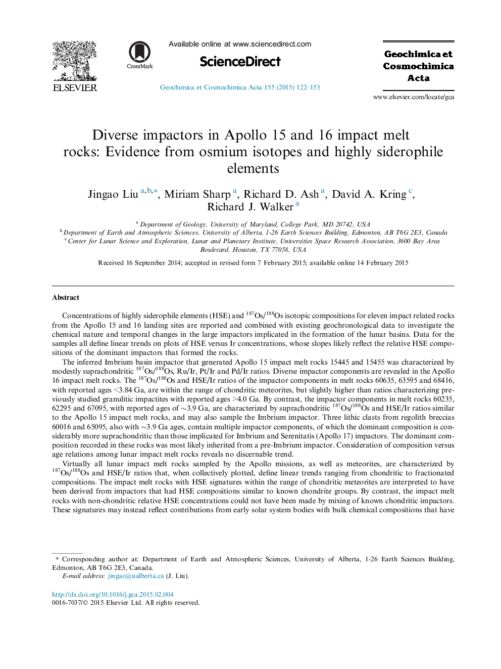 Diverse impactors in Apollo 15 and 16 impact melt rocks: Evidence from osmium isotopes and highly siderophile elements