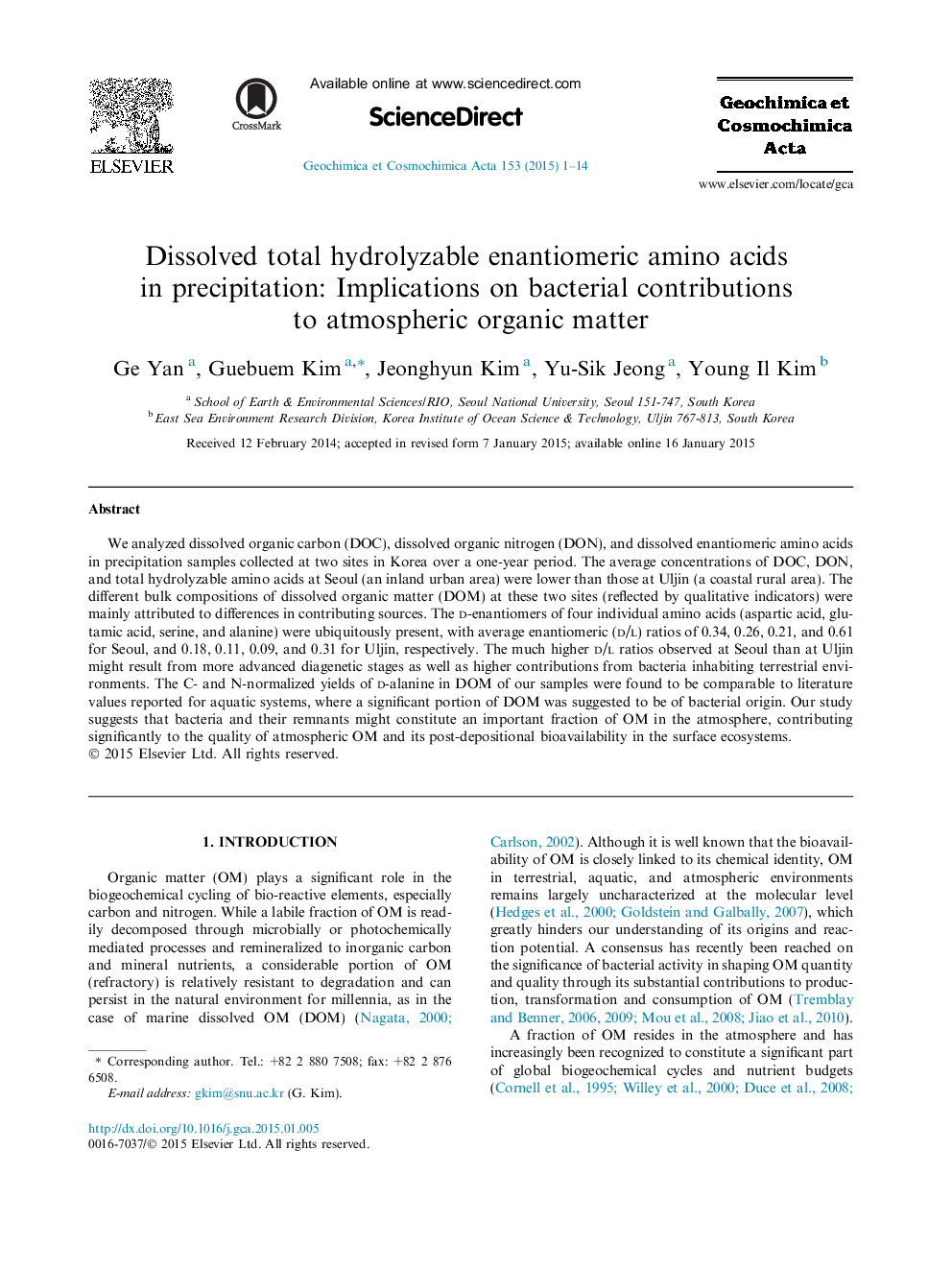 Dissolved total hydrolyzable enantiomeric amino acids in precipitation: Implications on bacterial contributions to atmospheric organic matter