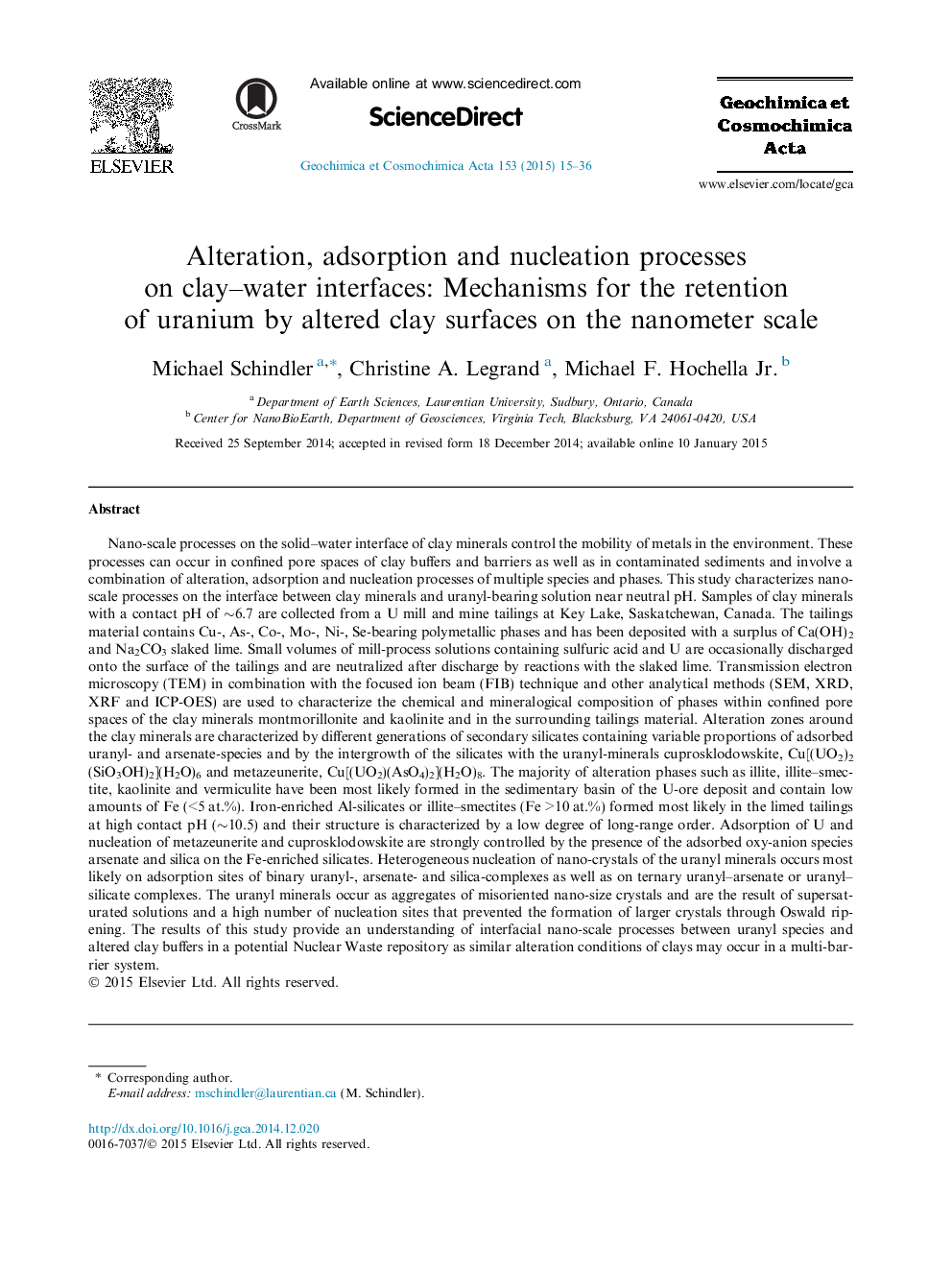 Alteration, adsorption and nucleation processes on clay–water interfaces: Mechanisms for the retention of uranium by altered clay surfaces on the nanometer scale